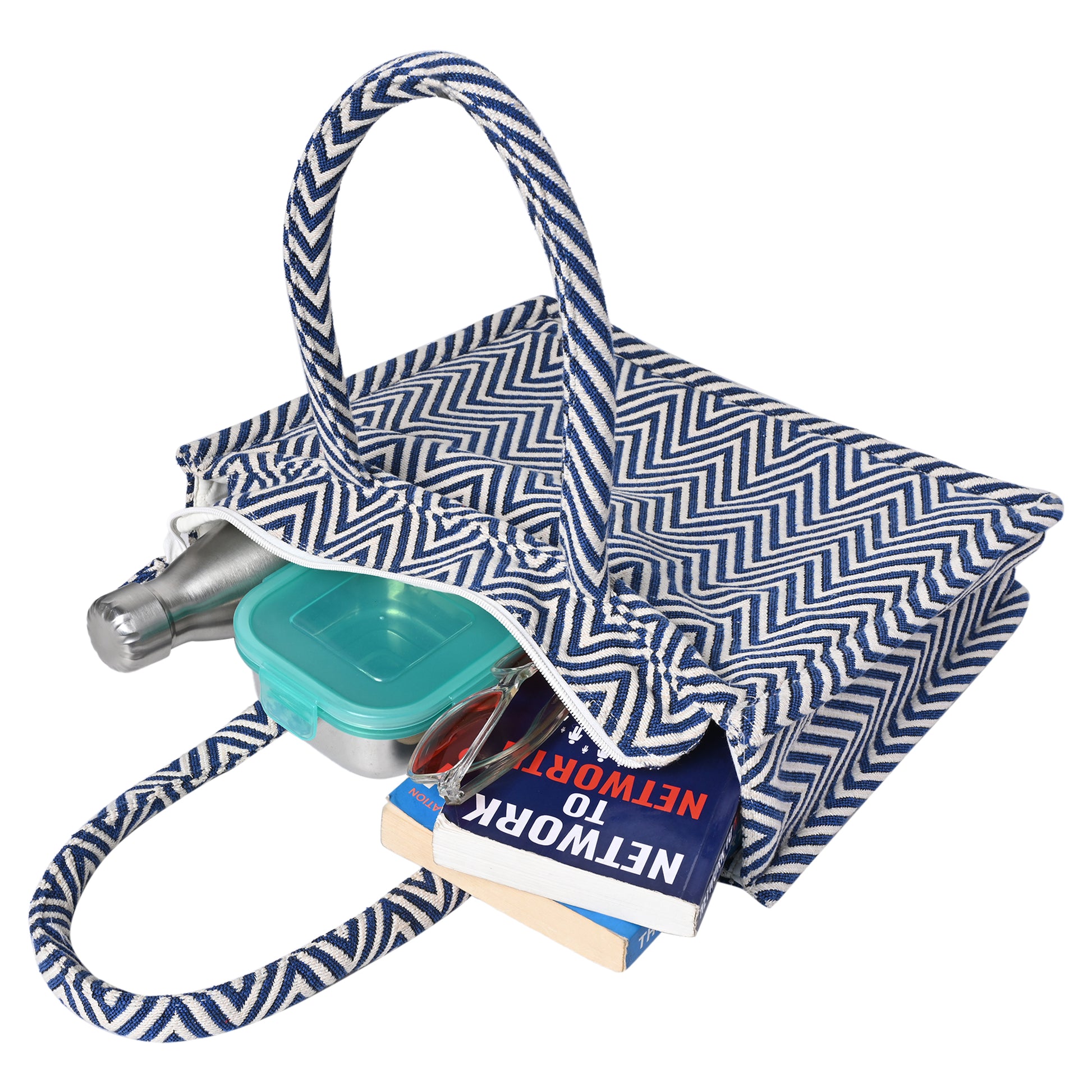 ENSAC Zigzag style Cotton Jacquard Blue Tote bag for women & Girls