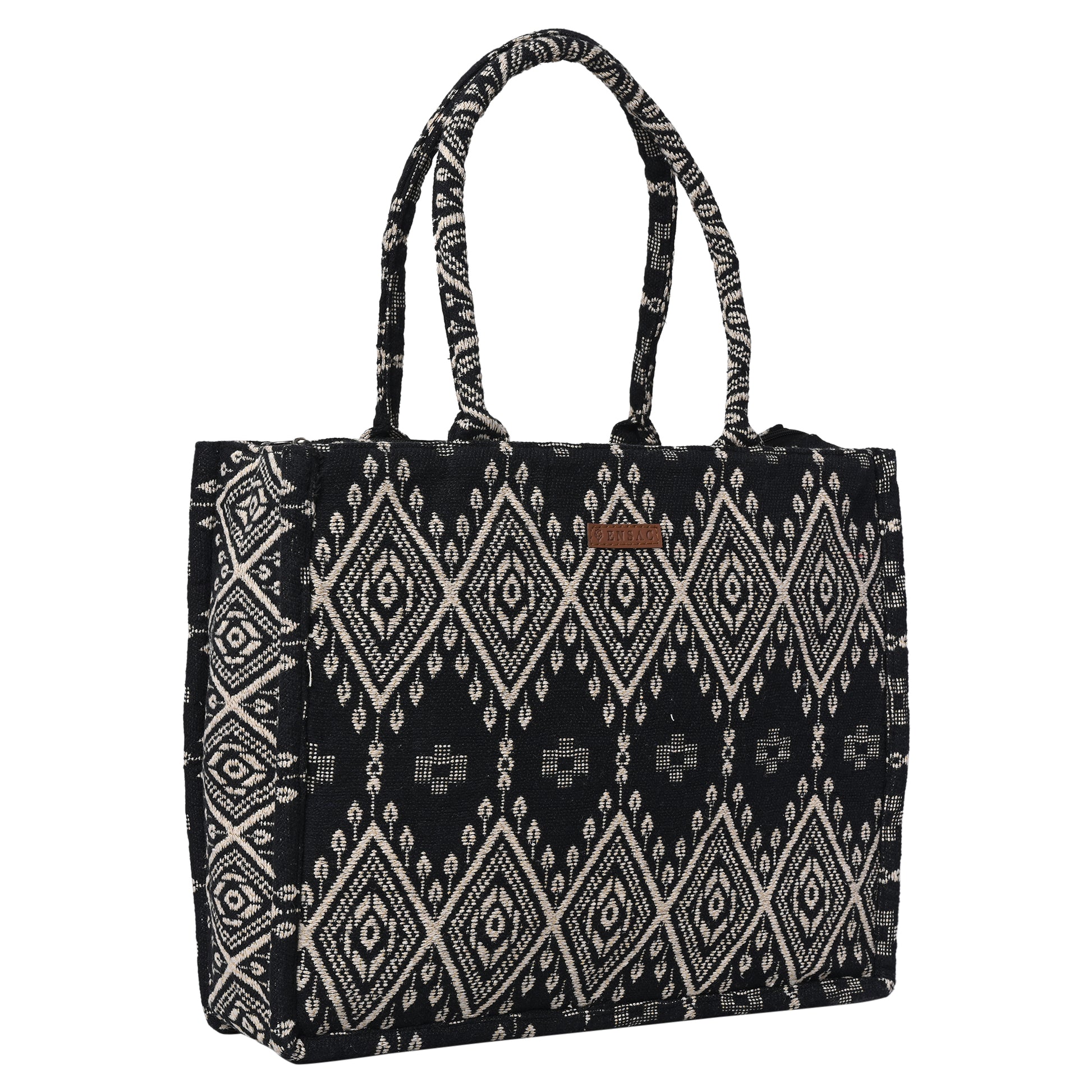 ENSAC Cotton Jacquard Black Tote bag for women & Girls