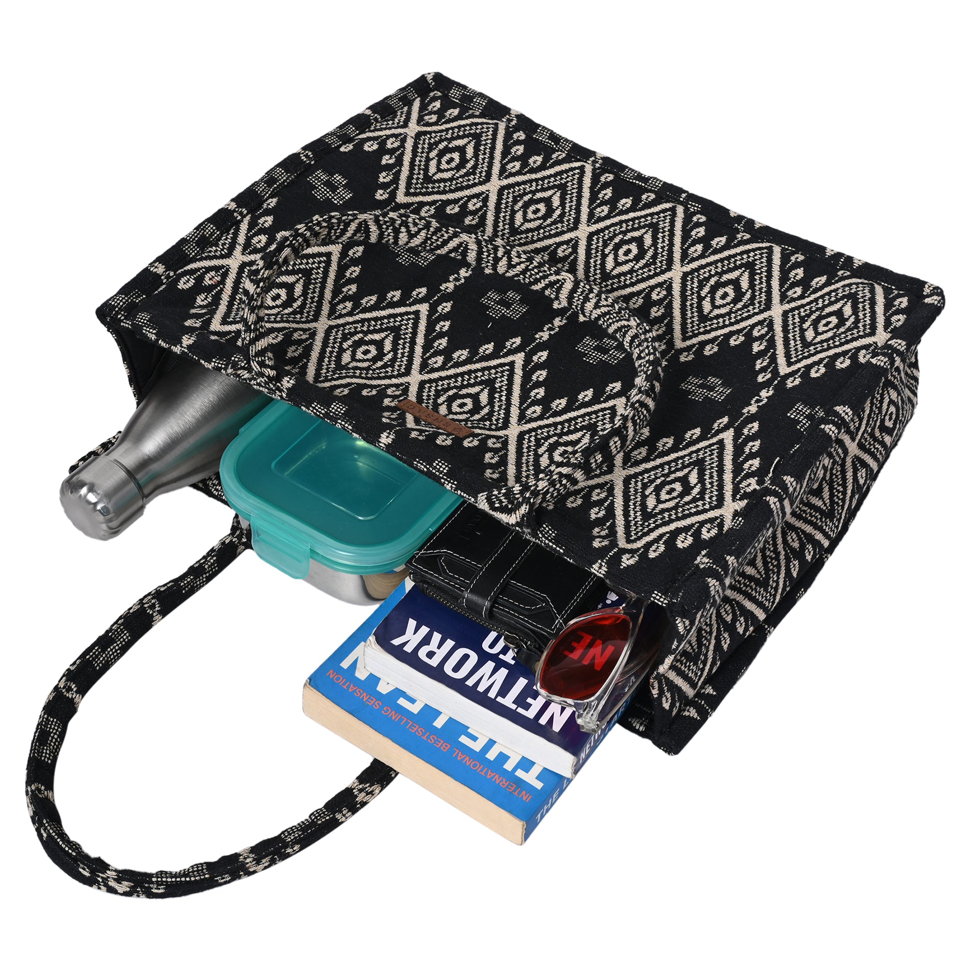 ENSAC Cotton Jacquard Black Tote bag for women & Girls
