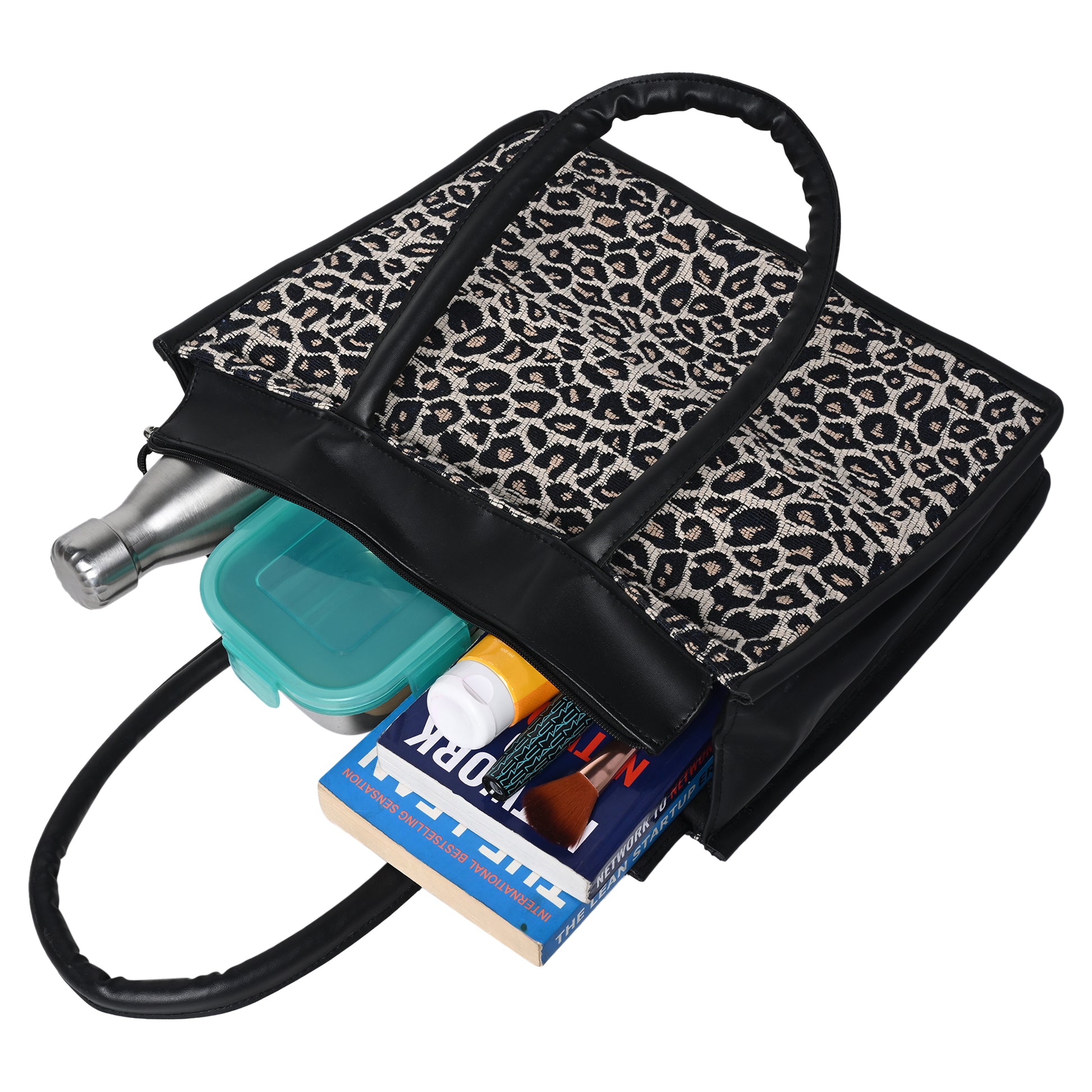 ENSAC Cotton Jaquard Leopard Black Tote bag for women & Girls