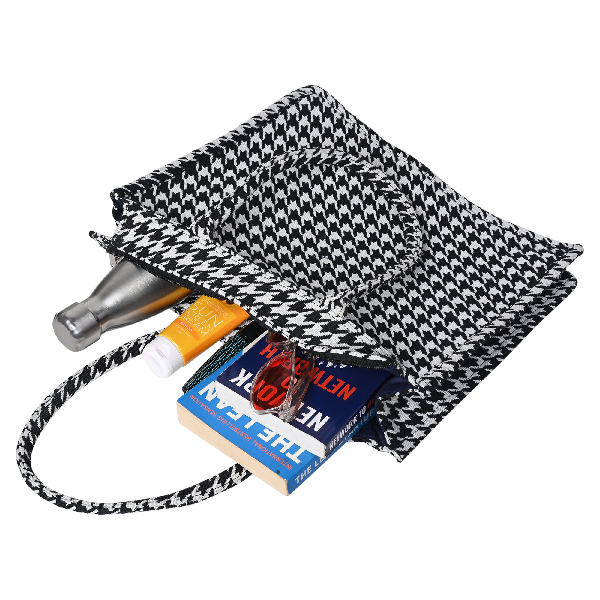 Ensac Jacquard Fabric Shoulder Bag | Chevron Style, Lightweight & Smart Look TOTE-HOUNDSTOOTH- BIG