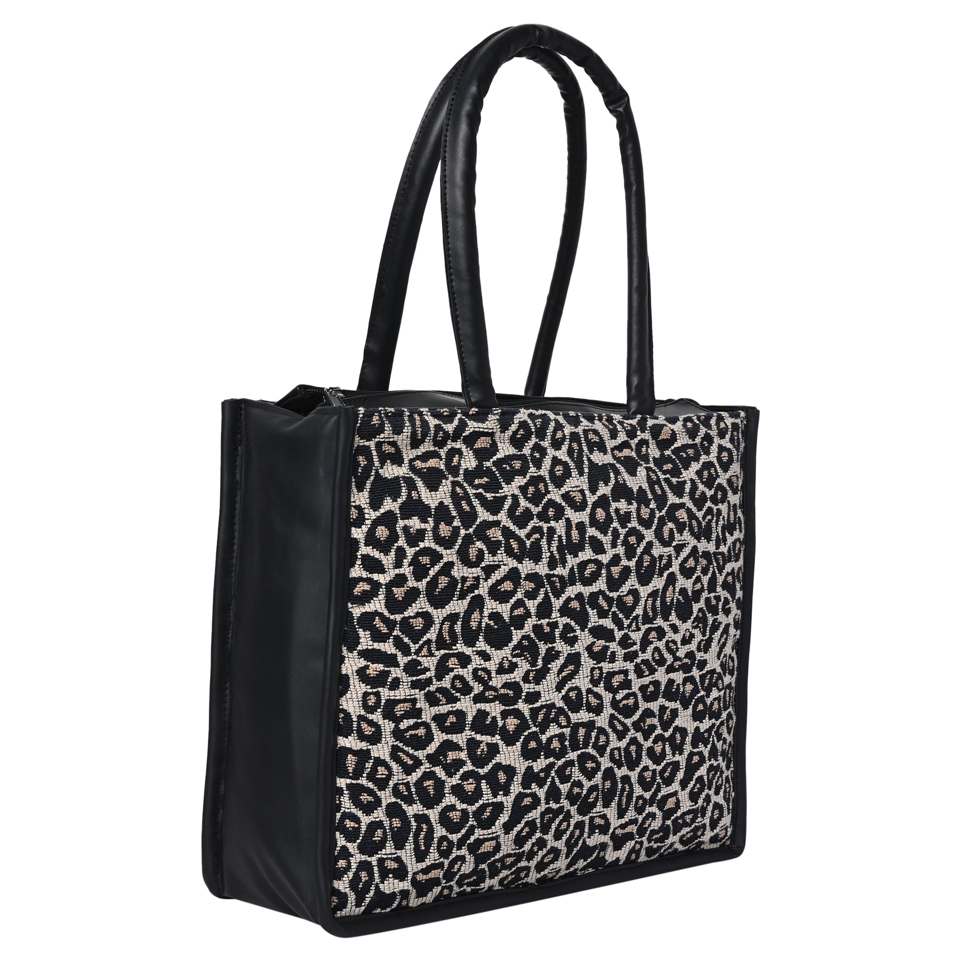 ENSAC Cotton Jaquard Leopard Black Tote bag for women & Girls