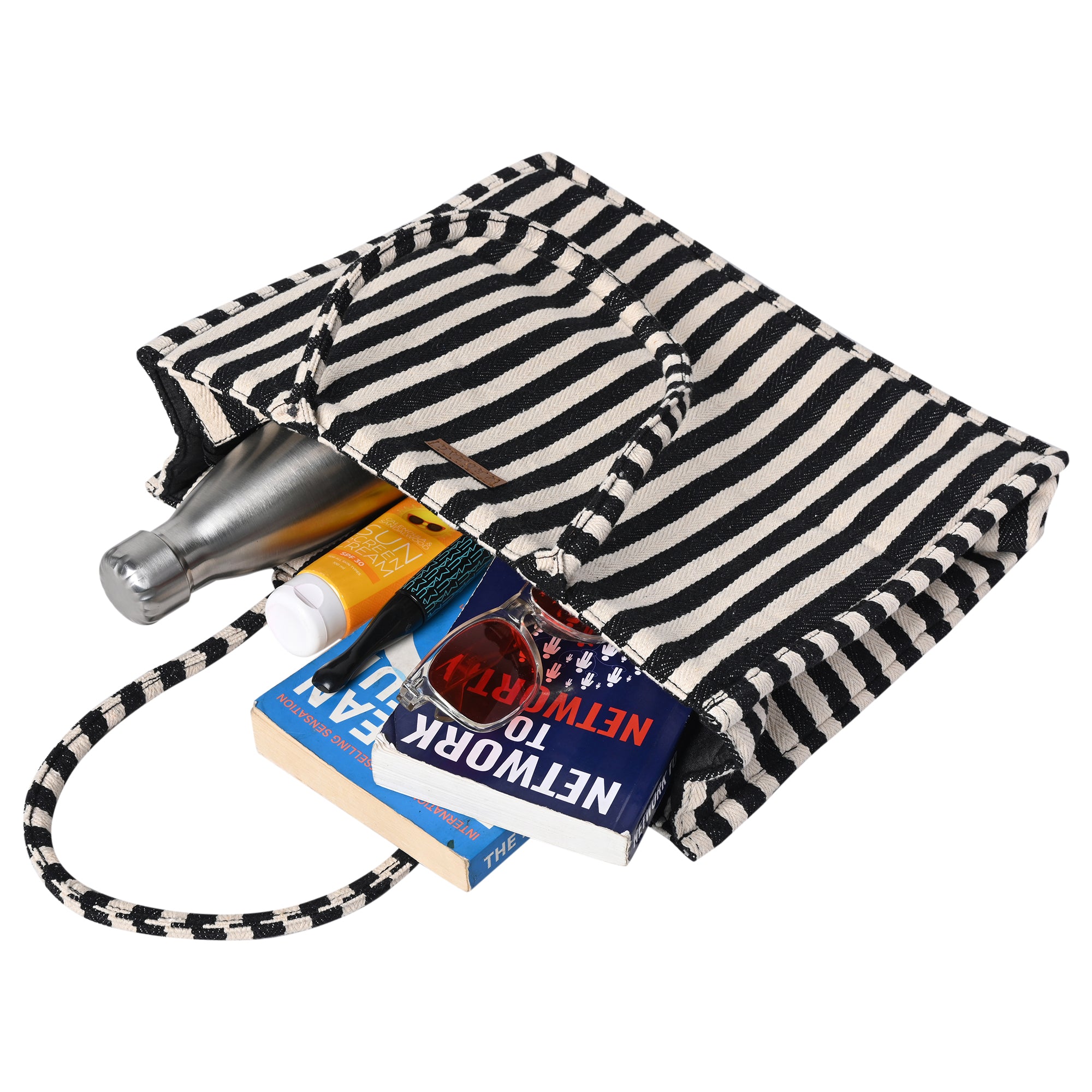 Ensac’s Tote-Bag Jacquard Tote bag for Women/Girls-TOTE-BLKSTRIPES-BIG