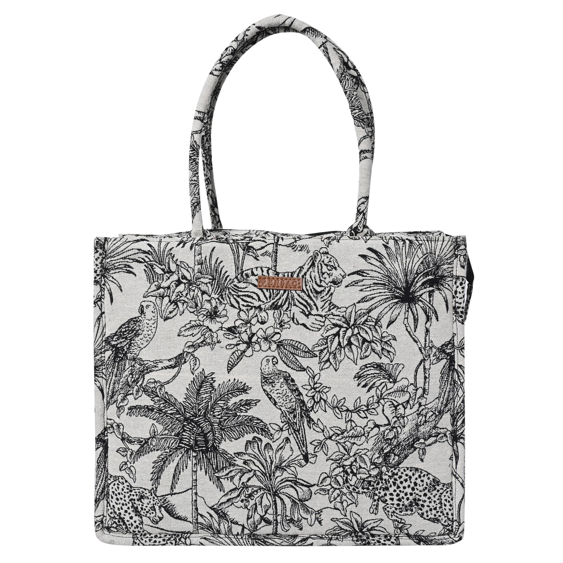 ENSAC Cotton Jacquard Forest Print Grey Black Tote bag for women & Girls