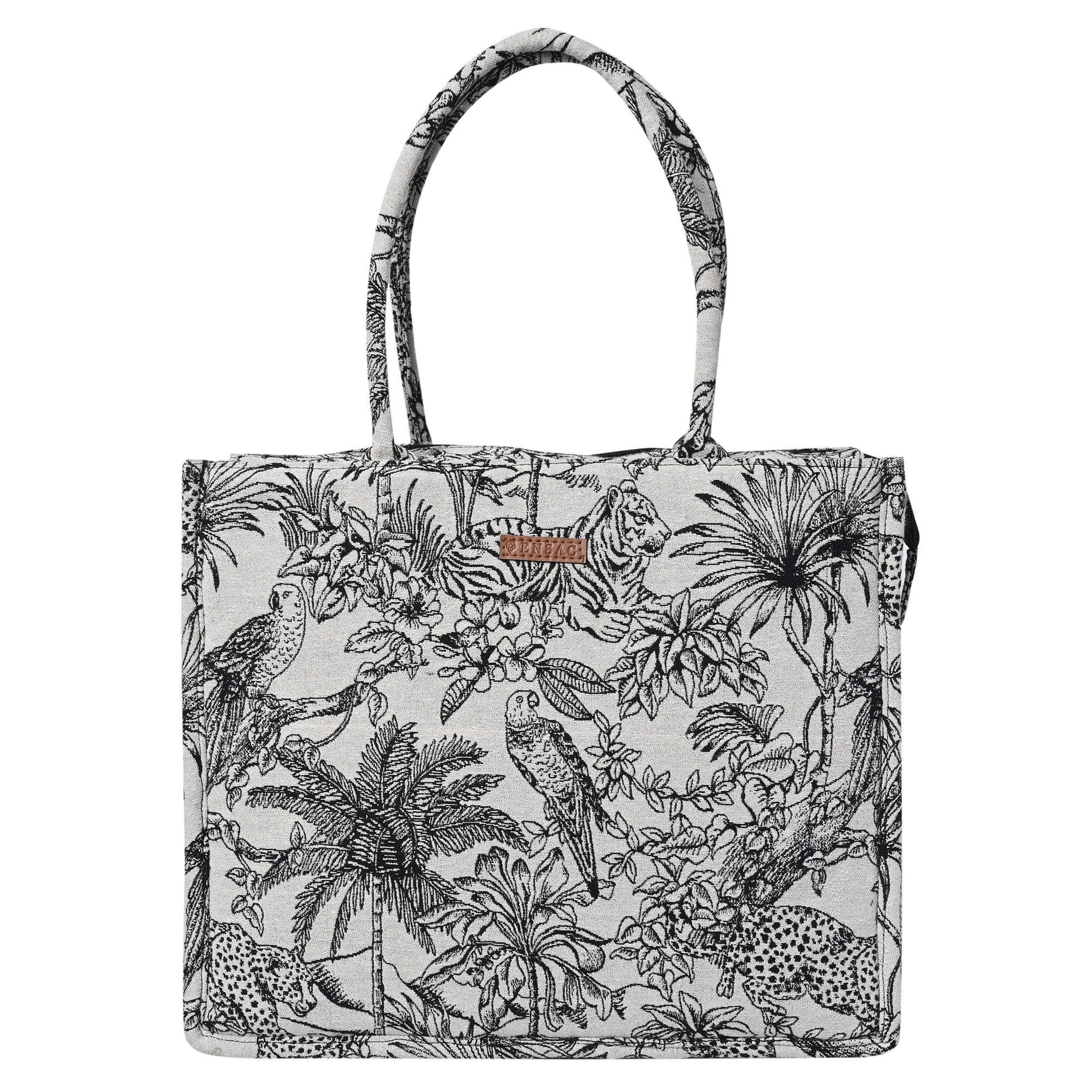 ENSAC Cotton Jacquard Forest Print Grey Black Tote bag for women & Girls