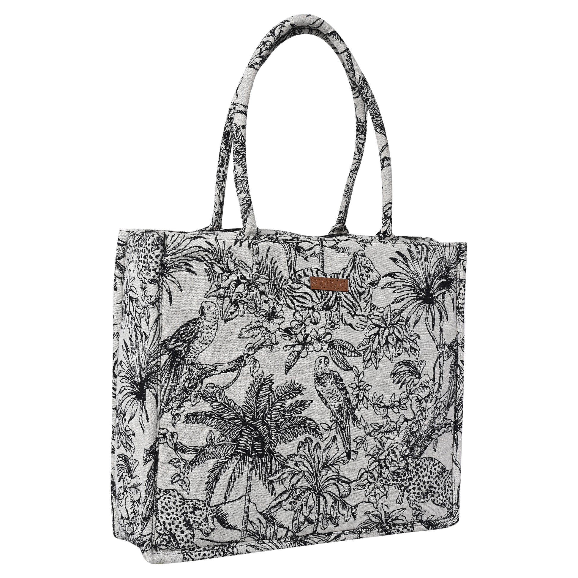 ENSAC Cotton Jacquard Forest Print Grey Black Tote bag for women & Girls