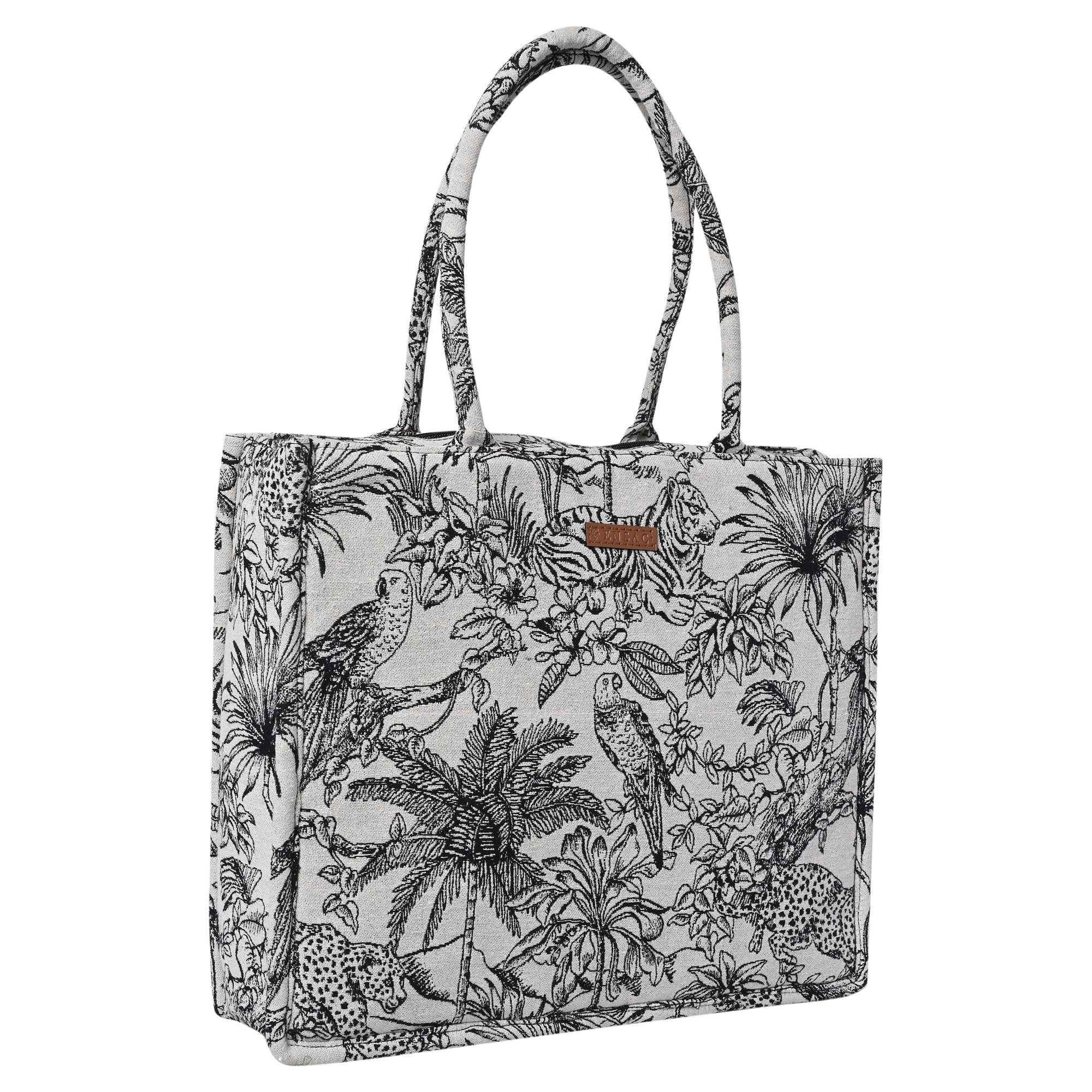 ENSAC Cotton Jacquard Forest Print Grey Black Tote bag for women & Girls