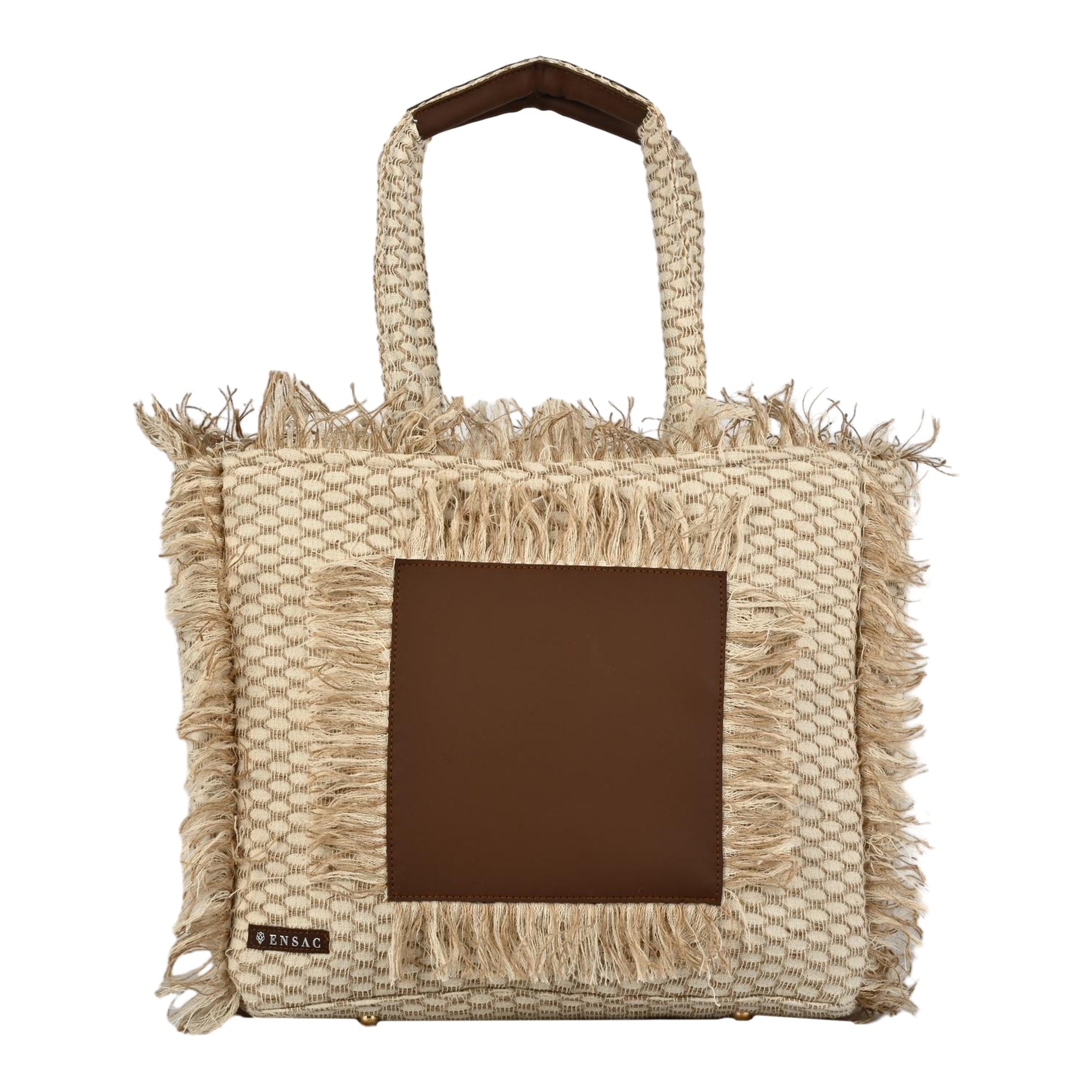 Ensac Women’s Premium Jacquard Fabric Bag | Easy to Carry & Everyday Use TOTE-LEATHER-JUTEBRN-1