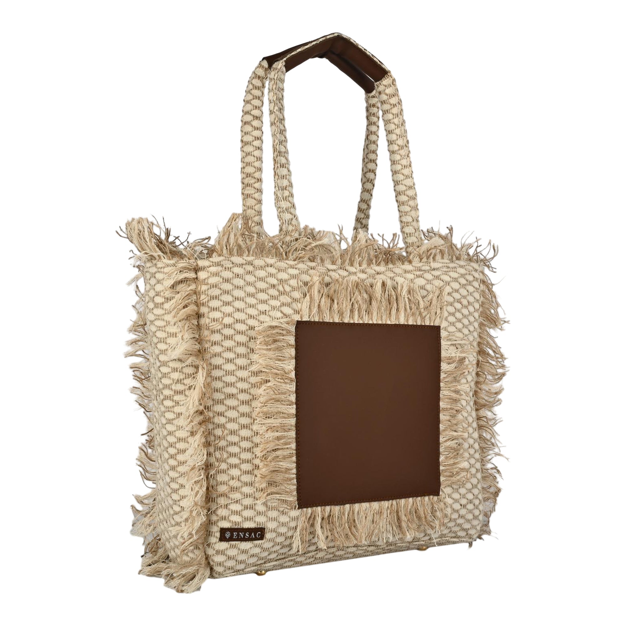Ensac Women’s Premium Jacquard Fabric Bag | Easy to Carry & Everyday Use TOTE-LEATHER-JUTEBRN-1