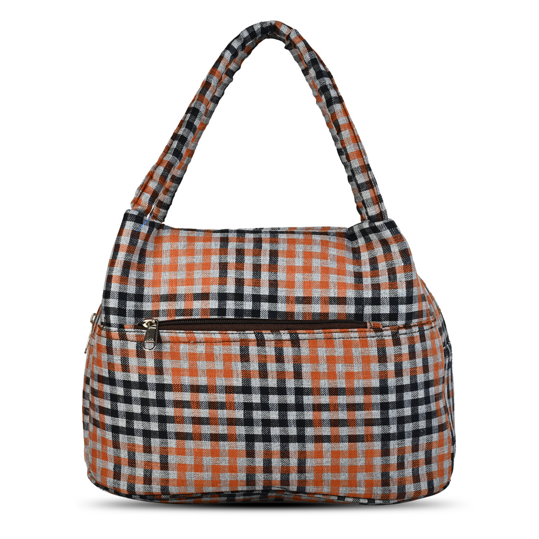 Plaid patterned handbag on a wooden surface with a neutral background BY ENSAC

