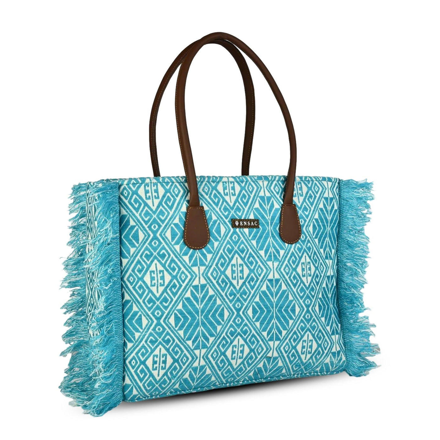 Blue patterned tote bag with brown handles on a white background