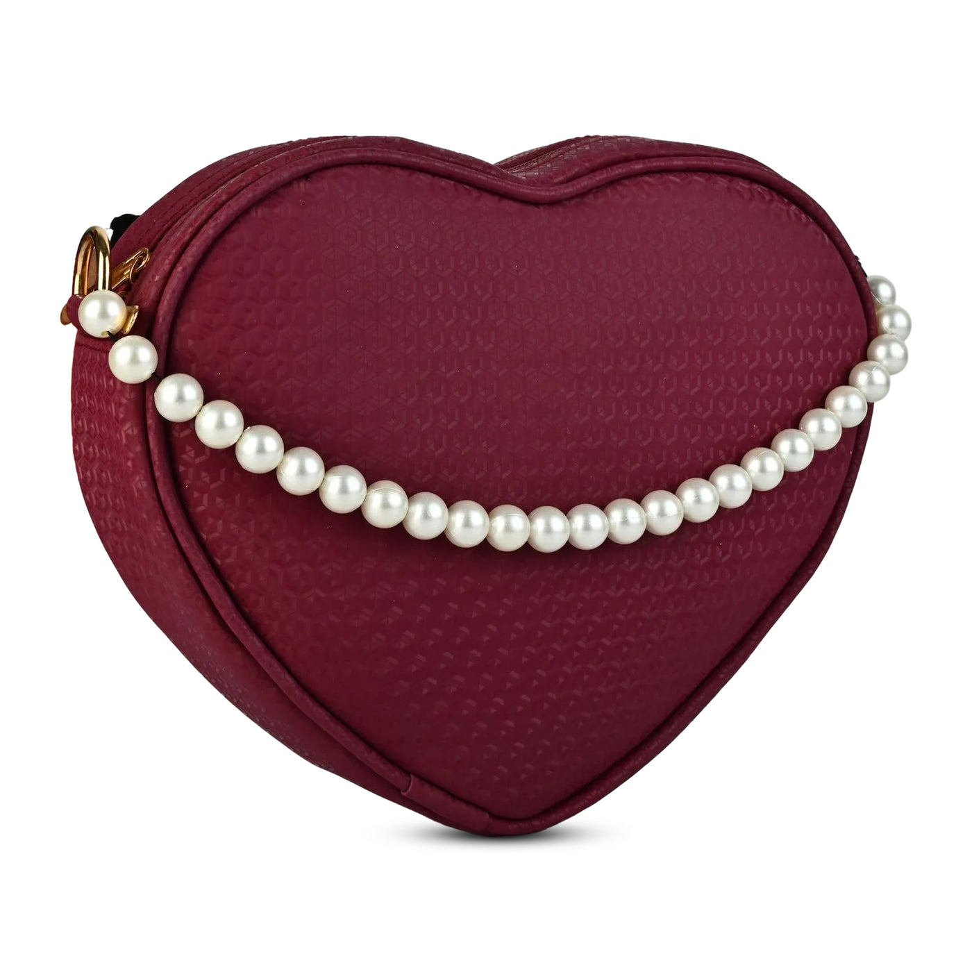 Heart-shaped handbag with pearl strap on a white background