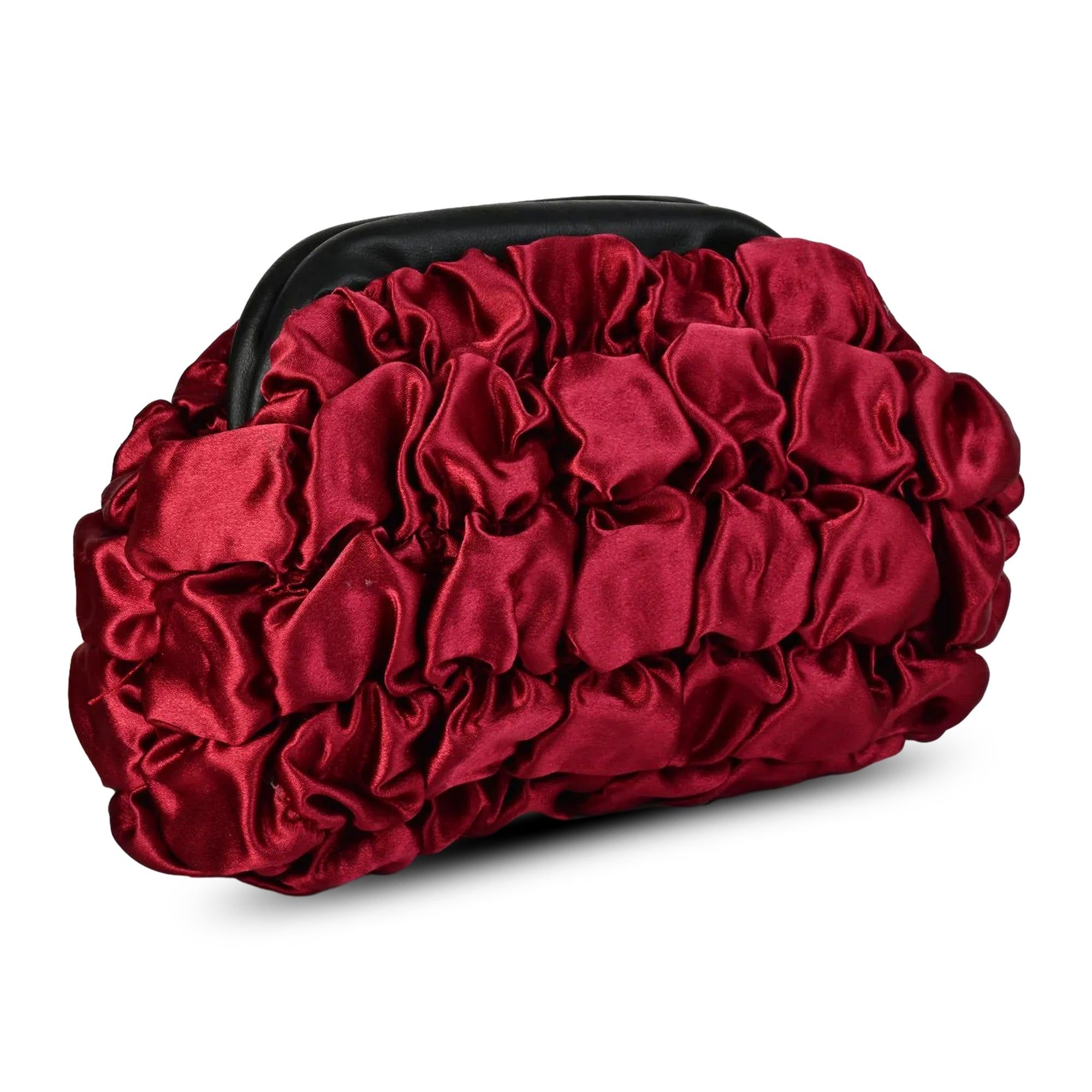 Red ruched clutch bag on a white background