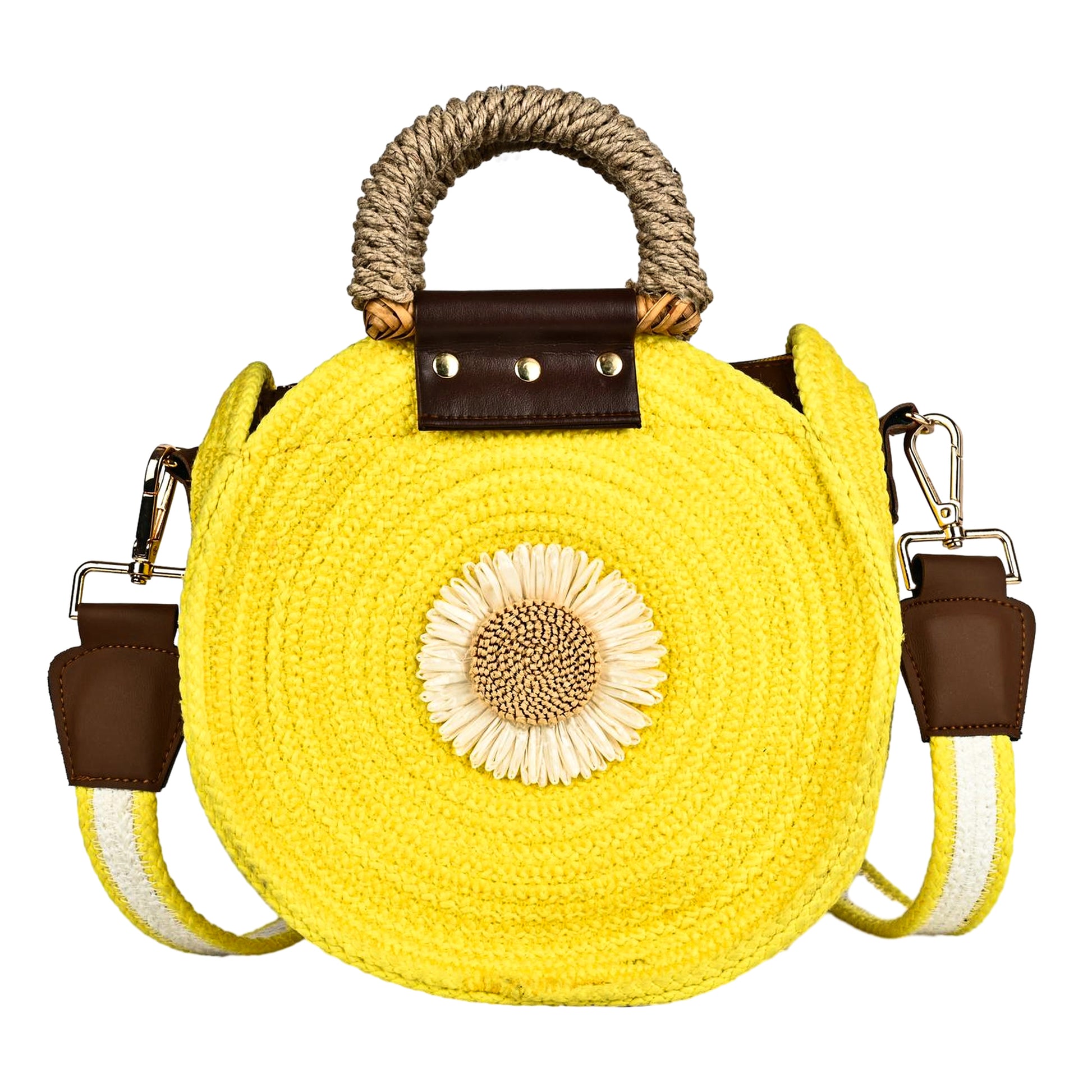 ENSAC Women’s Crochet Style Sling Bag | Handmade Round Bag with Artistic Floral Embroidery