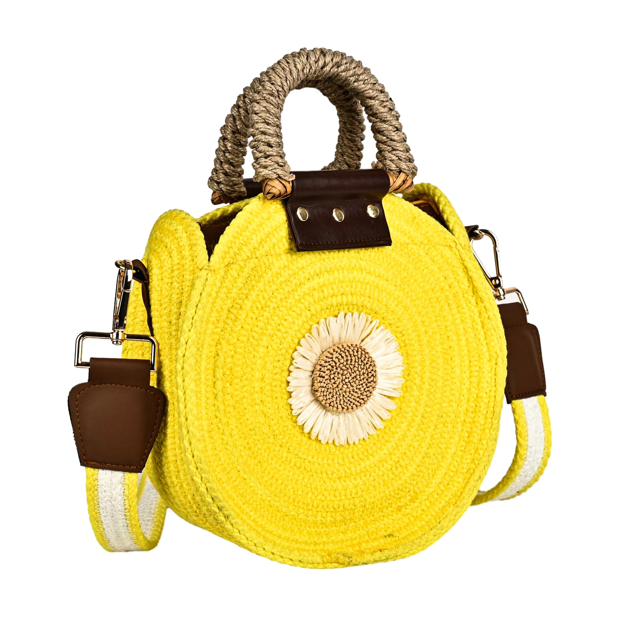 ENSAC Women’s Crochet Style Sling Bag | Handmade Round Bag with Artistic Floral Embroidery