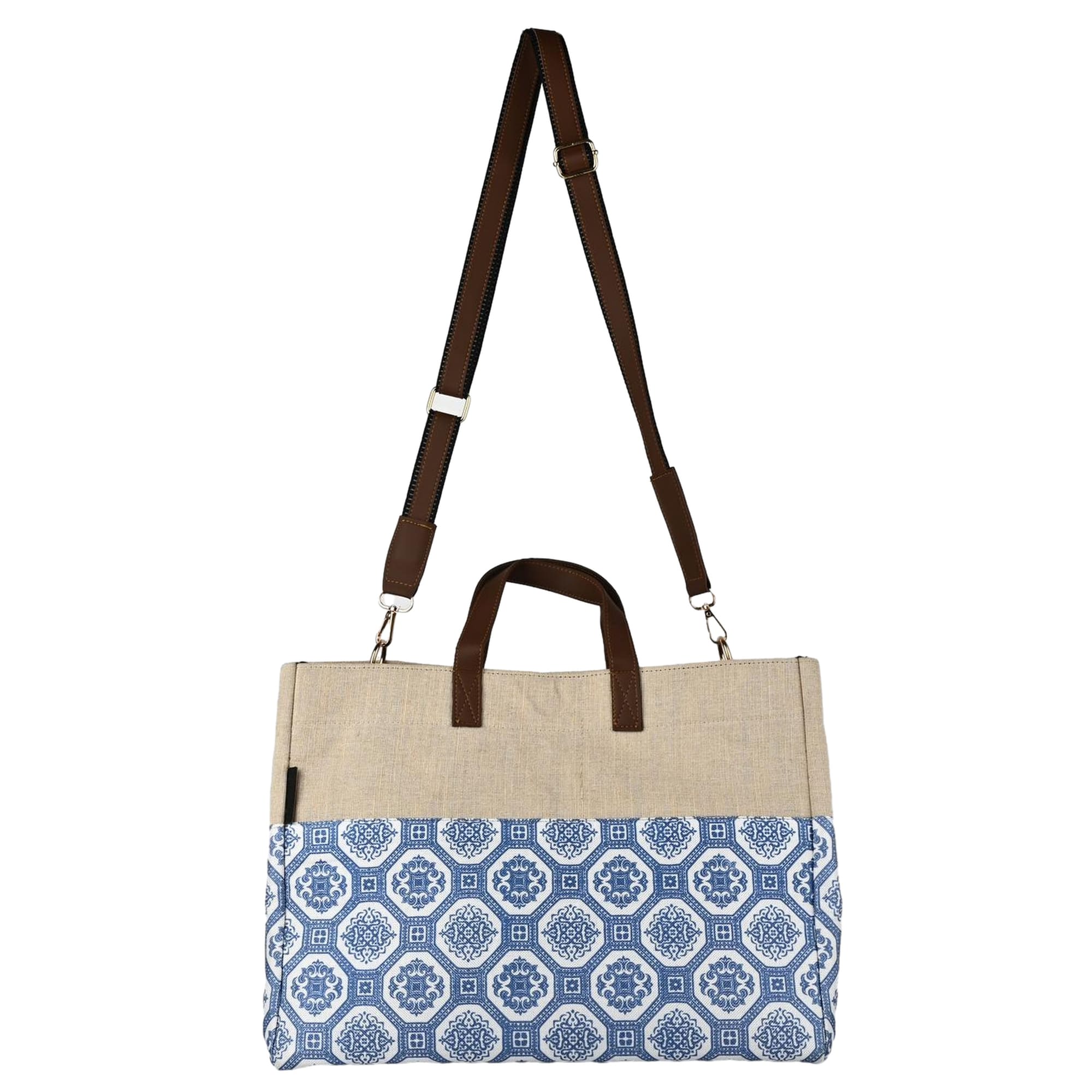 Baggy Sling Rangoli Blue Canvas Sling Bag with Jute Texture