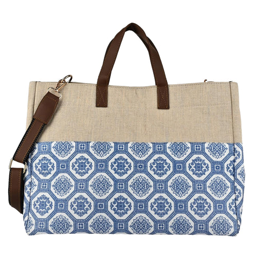 Beige tote bag with brown handles and strap, featuring a blue and white patterned flap on a white background by ENSAC