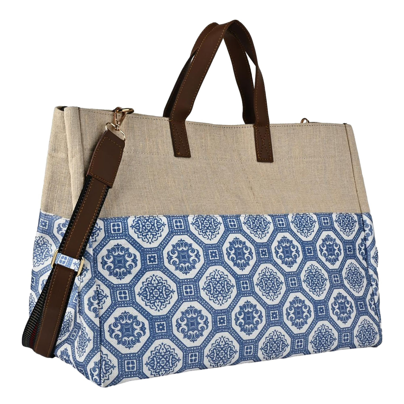 Tote bag with blue geometric pattern and brown straps on a white background by ENSAC