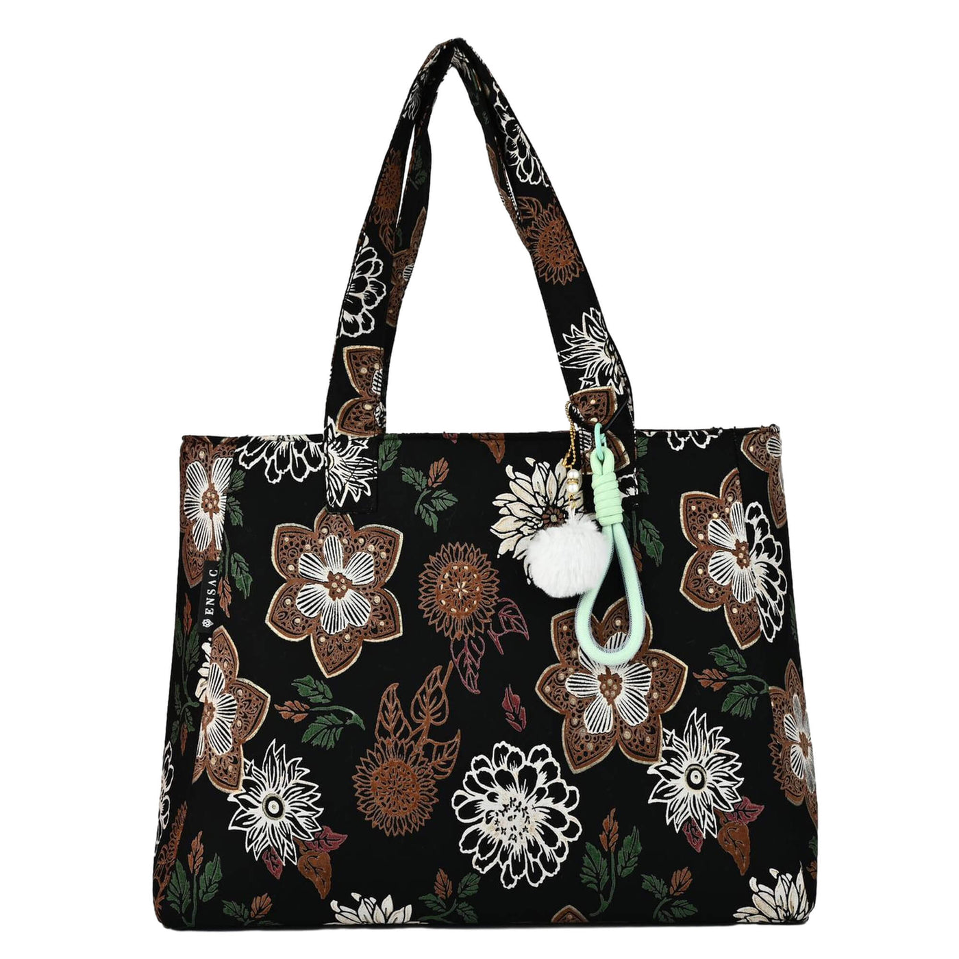 Floral-patterned tote bag with a keychain on a white background by ENSAC
