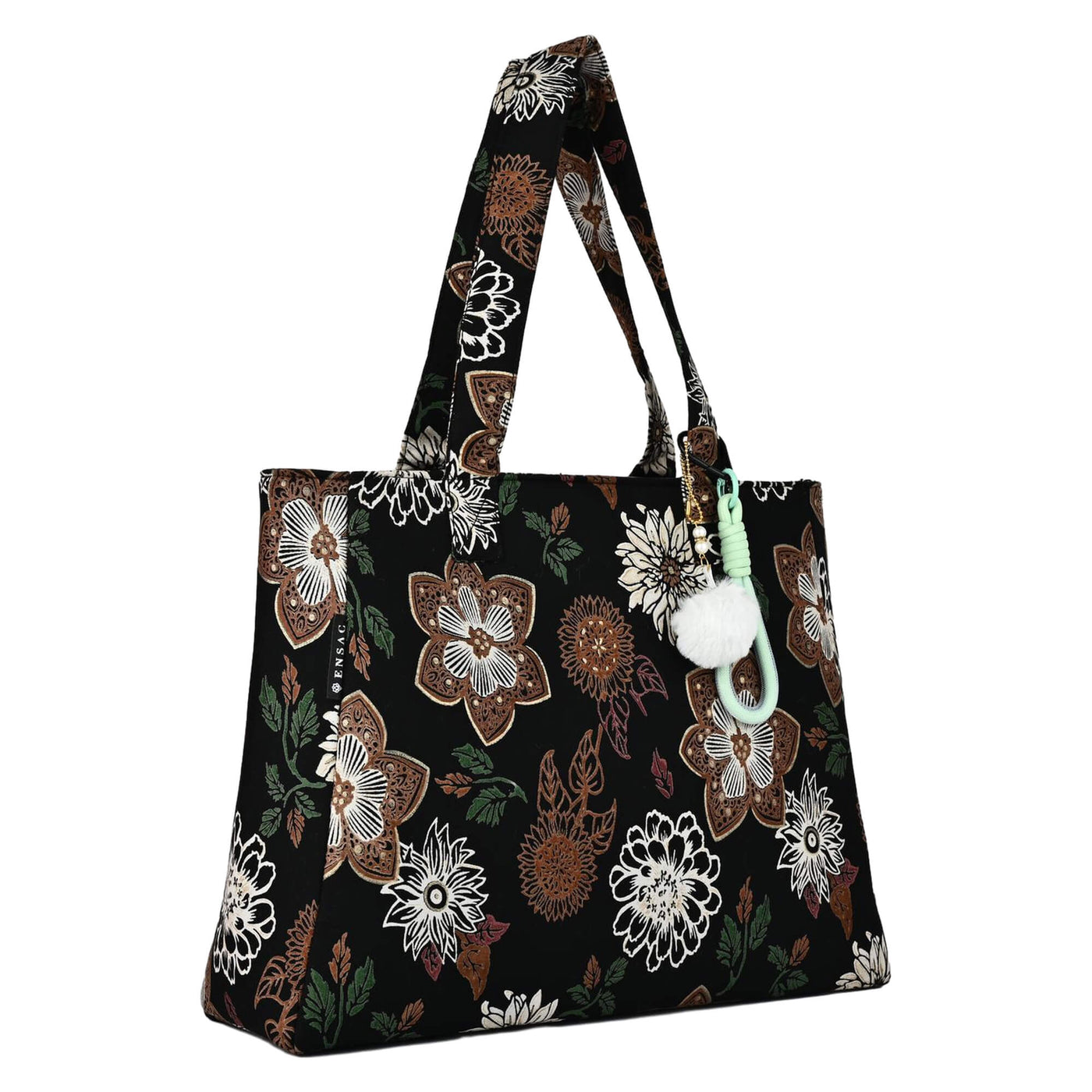 Floral-patterned tote bag with a strap and keychain on a white background BY ENSAC