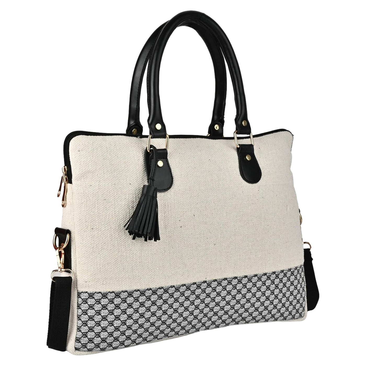 Handbag with black handles and tassel on a white background By ENSAC