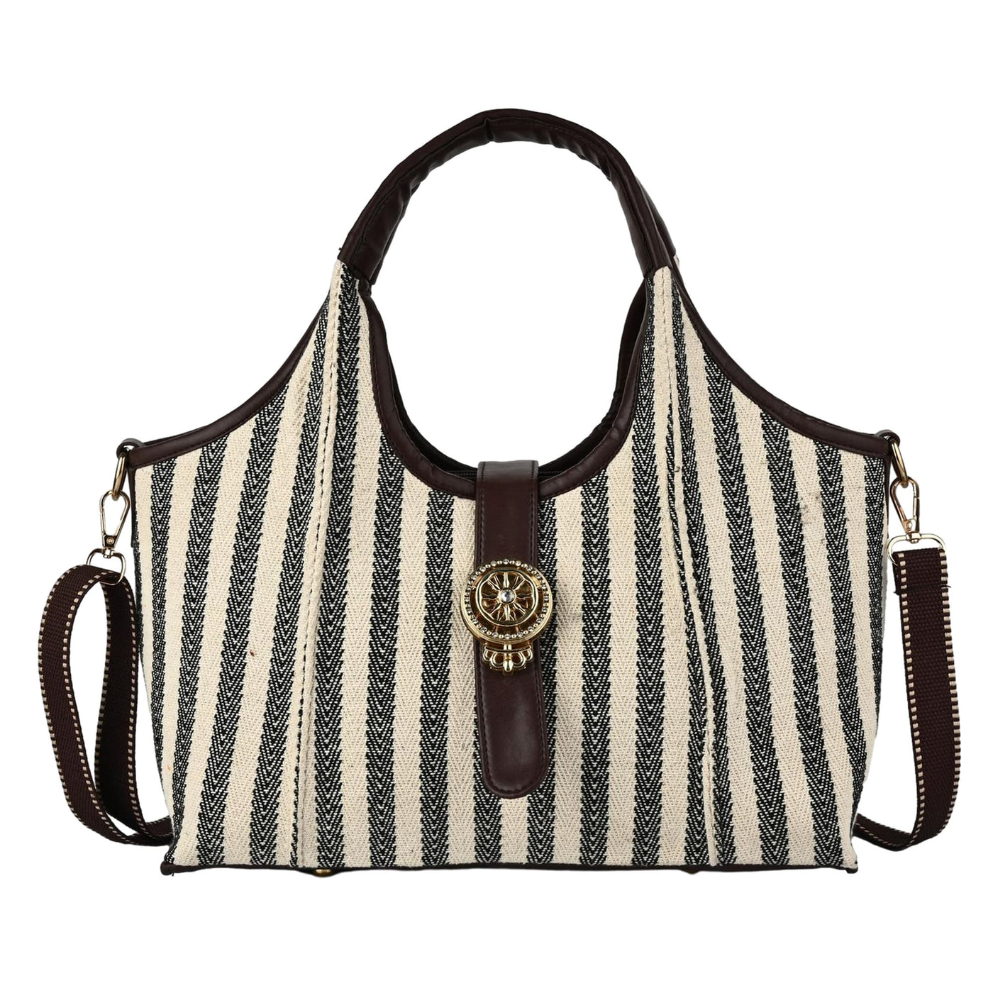 Striped handbag with brown accents on a white background  by ENSAC