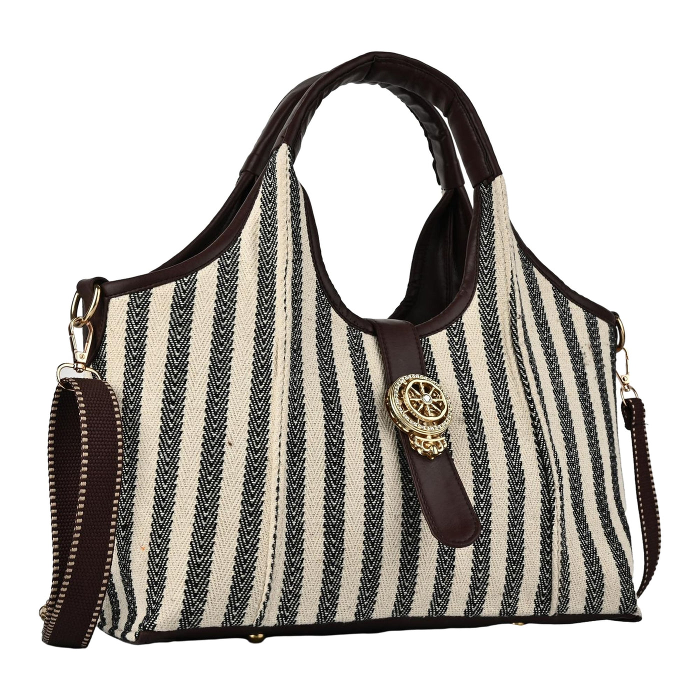 Striped handbag with decorative clasp on a white background BY ENSAC