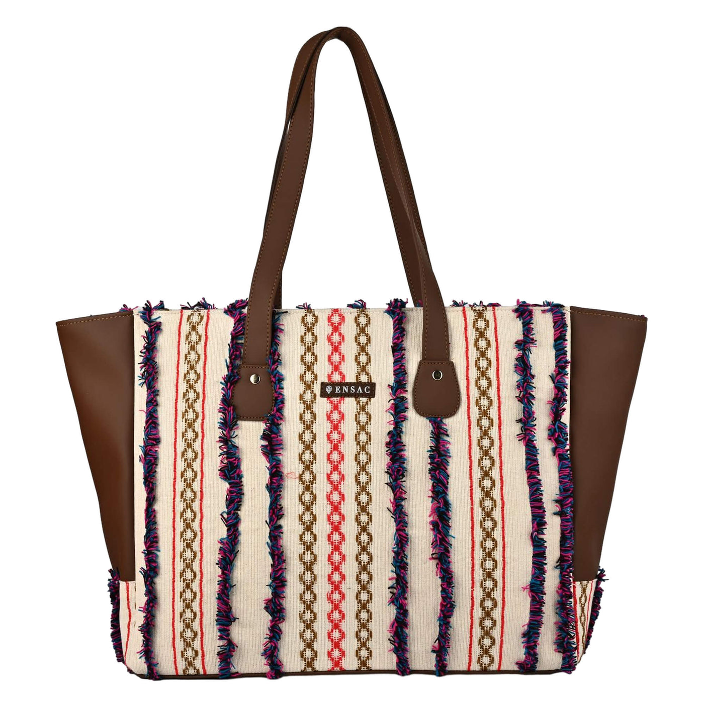 Tote bag with colorful fringe design and brown handles on a white background by ENSAC