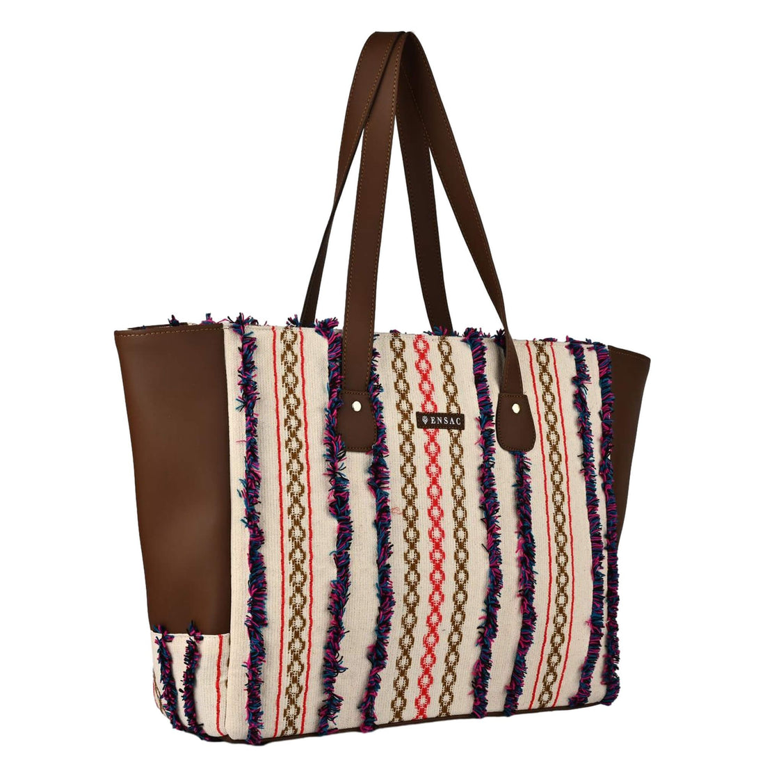 Tote bag with colorful fringe design and brown handles on a white background by ENSAC