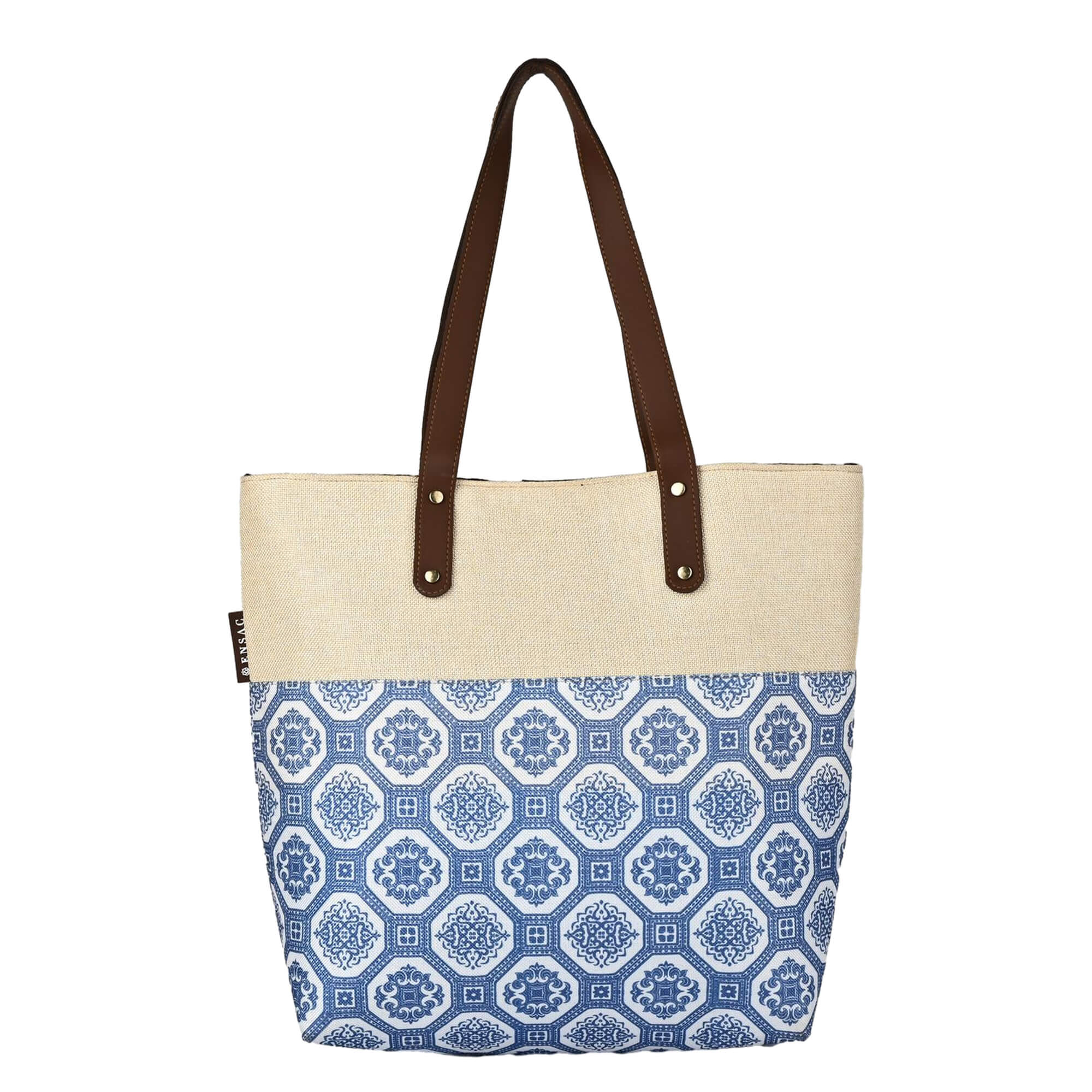 Tote bag with blue geometric pattern and brown straps on a white background  by ENSAC