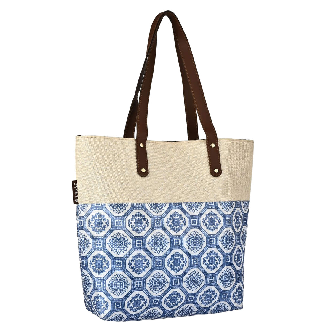 Tote bag with blue geometric pattern and brown straps on a white background  by ENSAC
