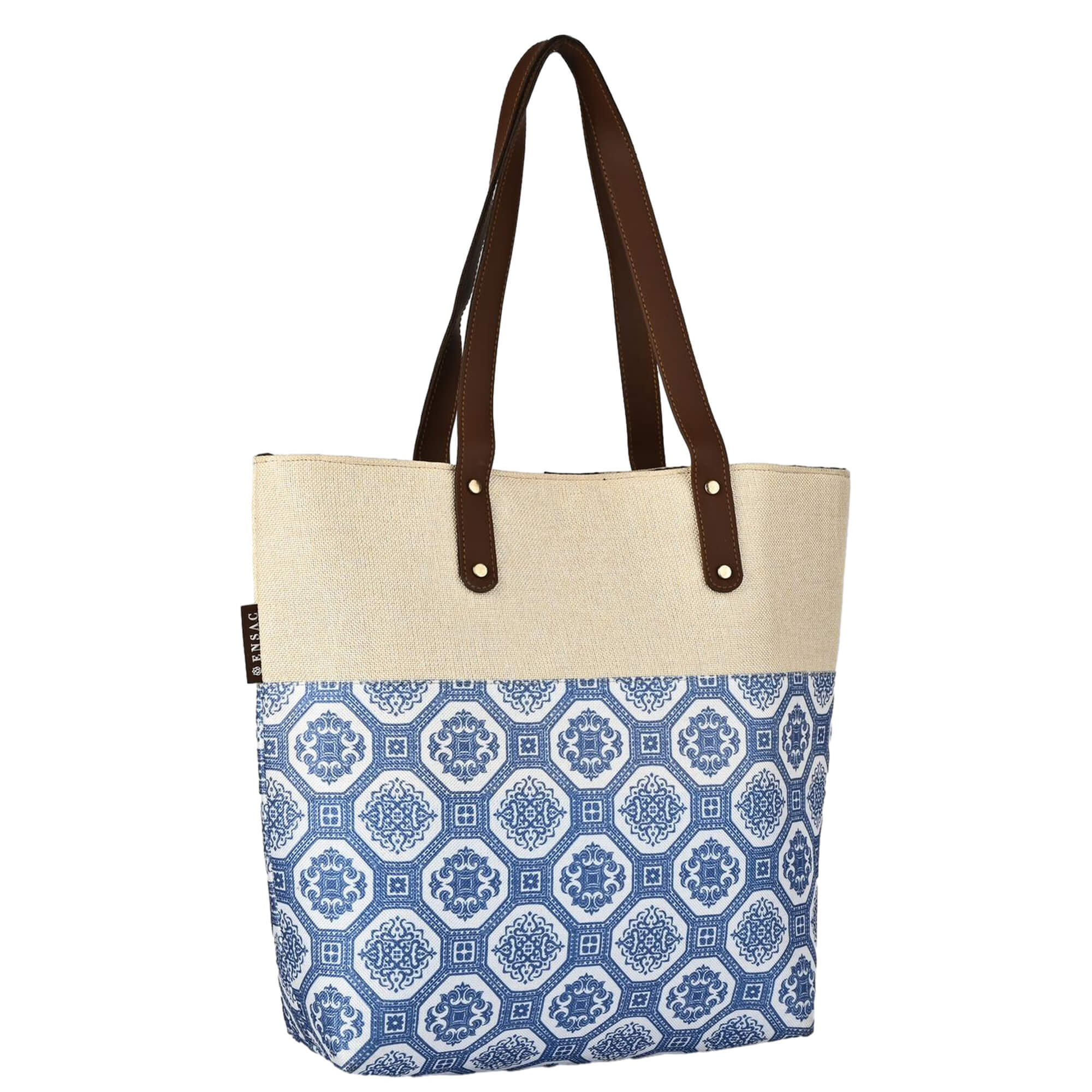 Tote bag with blue geometric pattern and beige top section on a white background BY ENSAC