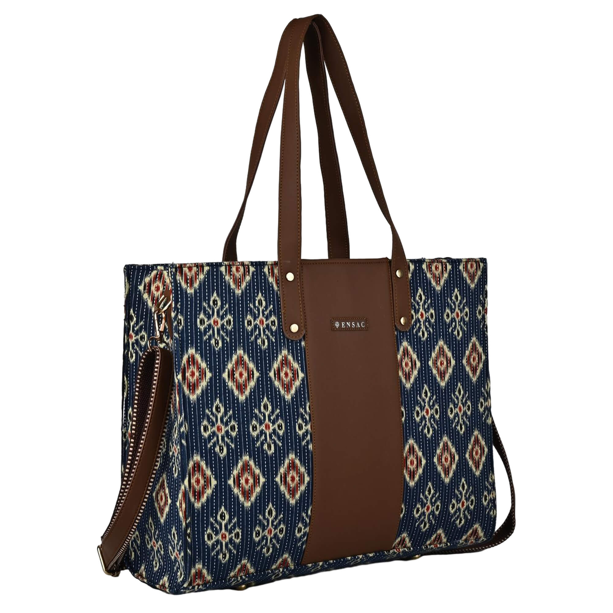 ENSAC Alexa Ikkat Blue Large Tote Bag – Stylish & Spacious Shoulder Bag for Women
