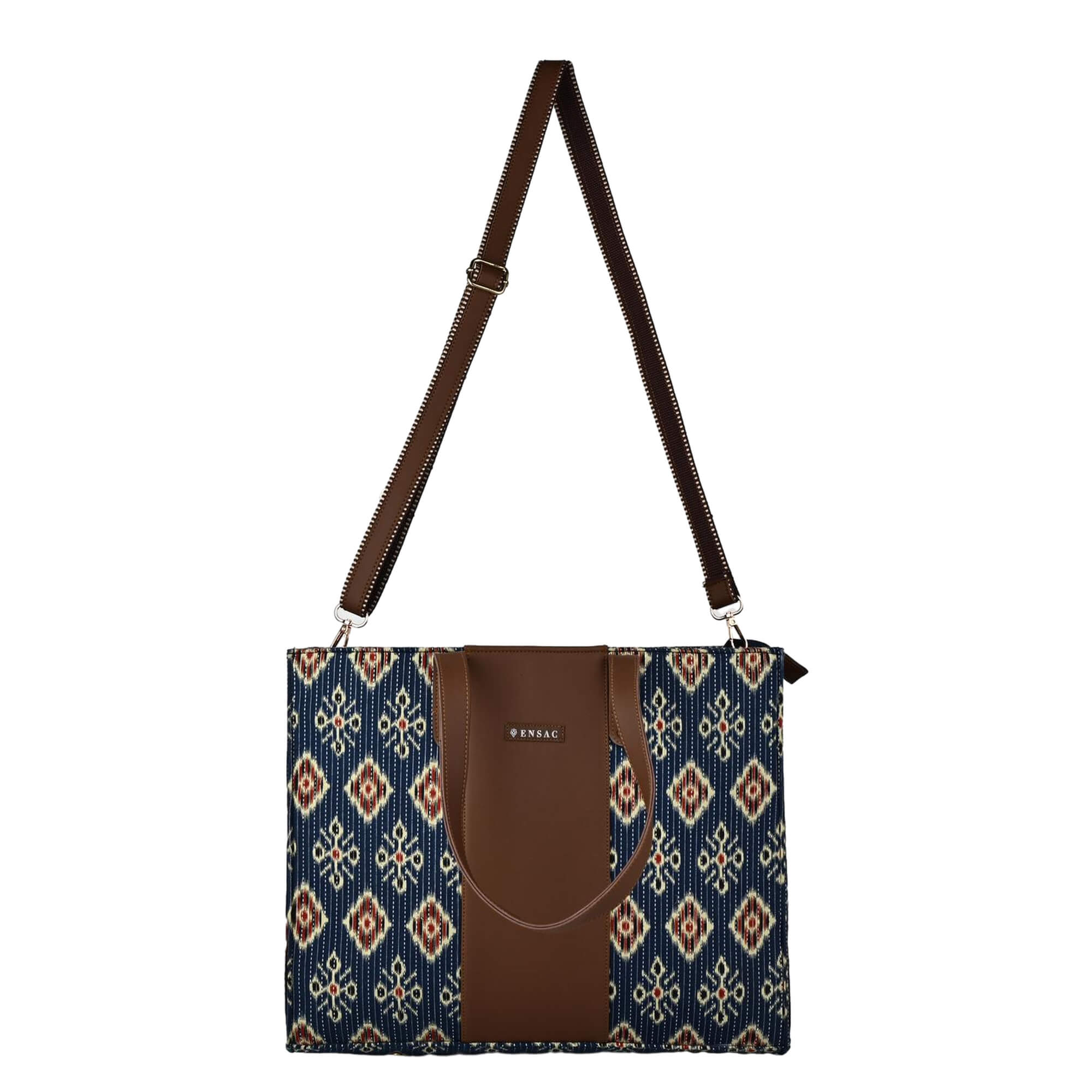 ENSAC Alexa Ikkat Blue Large Tote Bag – Stylish & Spacious Shoulder Bag for Women