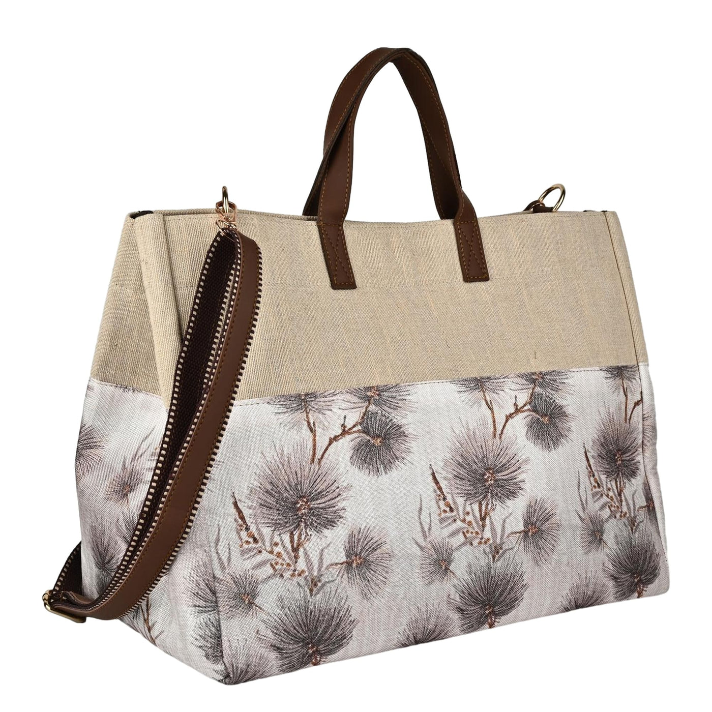 Beige and floral-patterned handbag with brown handles and zipper on a white background by ENSAC