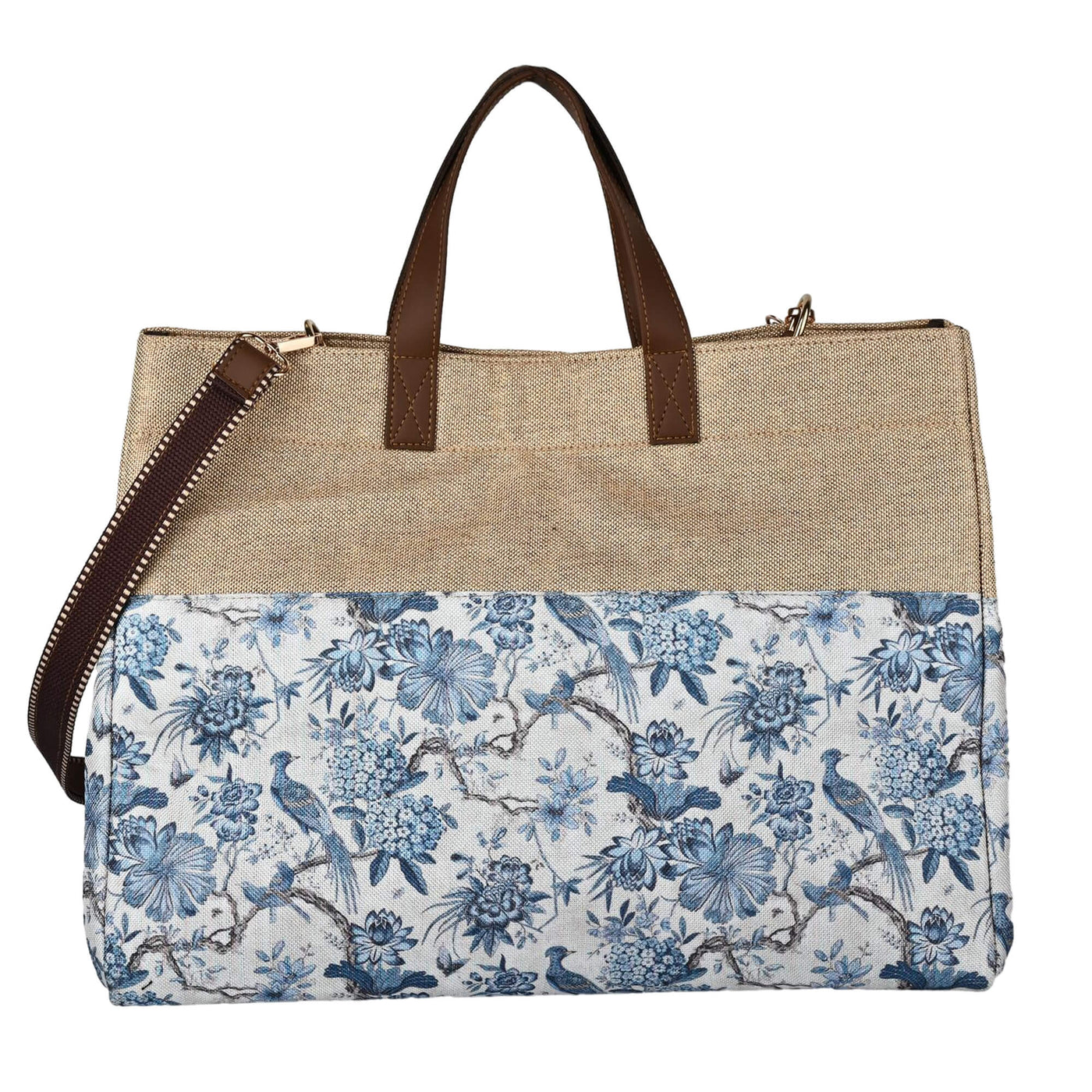 Tote bag with floral pattern and brown handles on a white background by ENSAC
