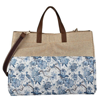 Tote bag with floral pattern and brown handles on a white background by ENSAC
