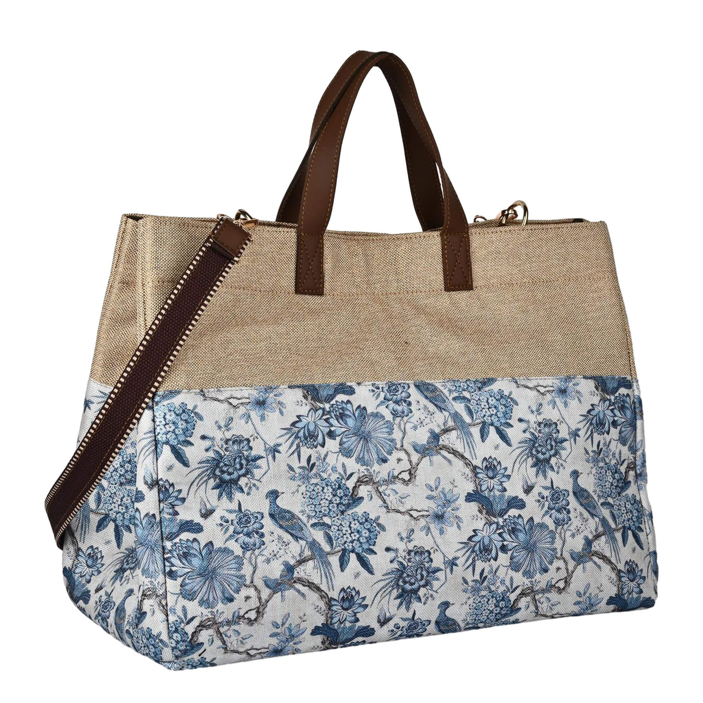 Tote bag with floral pattern and brown handles on a white background by ENSAC