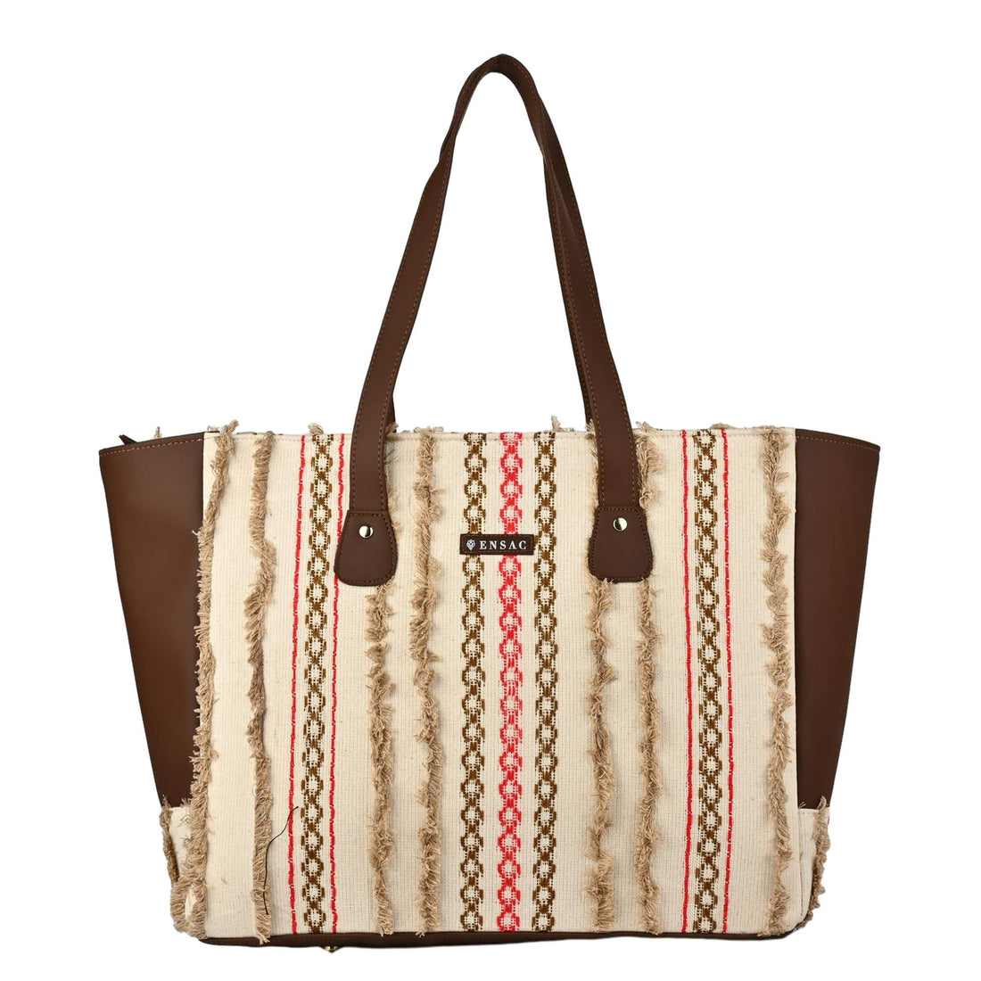 Woman holding a patterned bag against a beige background  by ENSAC