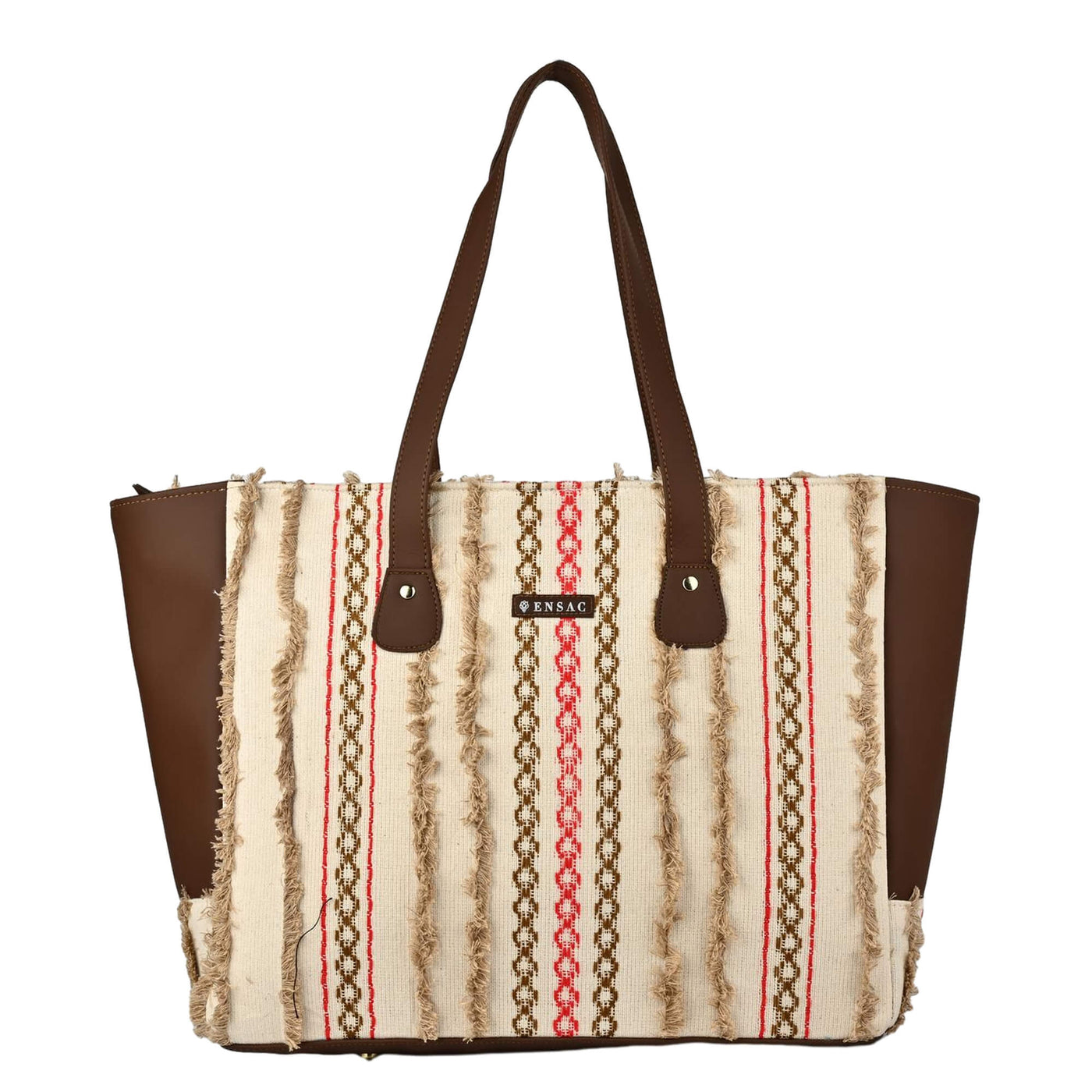 Tote bag with brown handle and patterned body on a white background by ENSAC