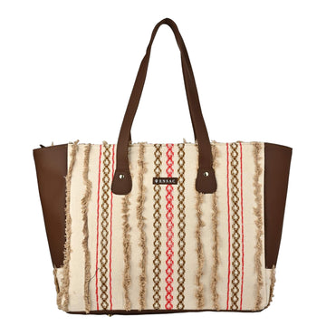 Tote bag with brown handle and patterned body on a white background by ENSAC