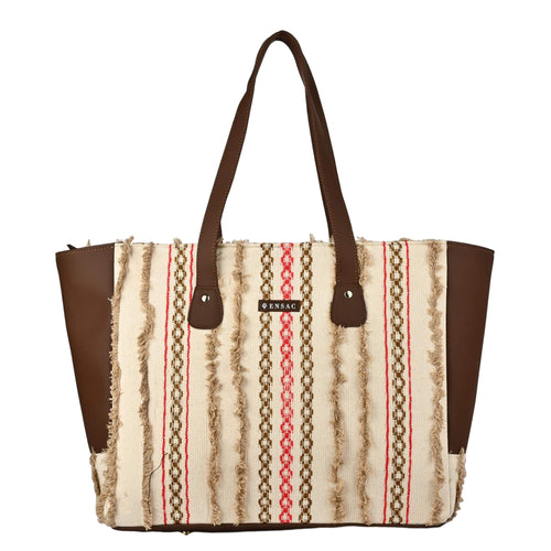 Tote bag with brown handle and patterned body on a white background by ENSAC