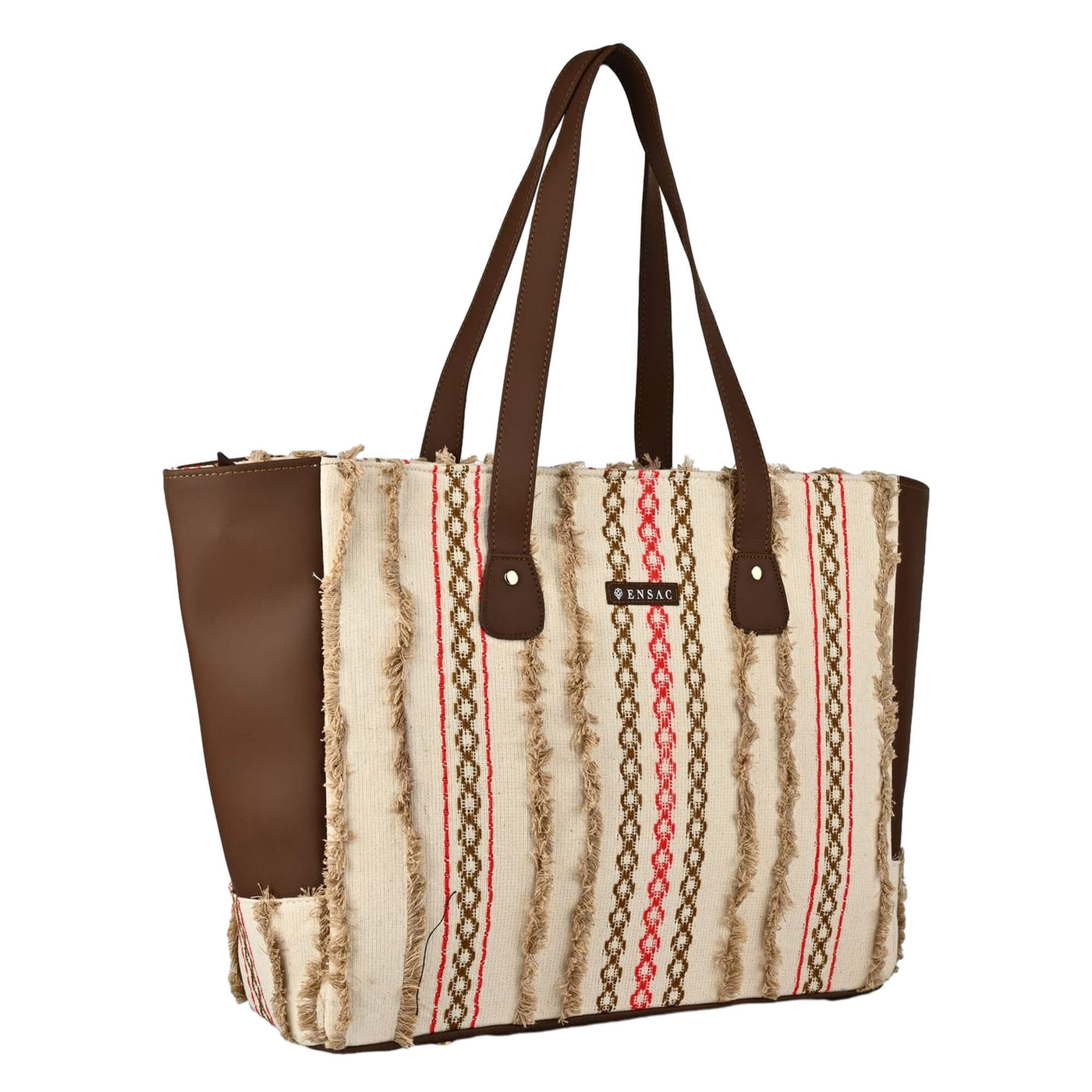 Tote bag with brown leather accents and patterned fabric on a white background BY ENSAC