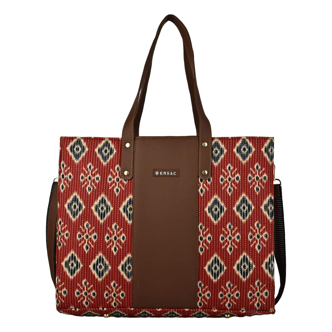 Tote bag with red patterned front and brown back, featuring 'ENSAC' brand by ENSAC