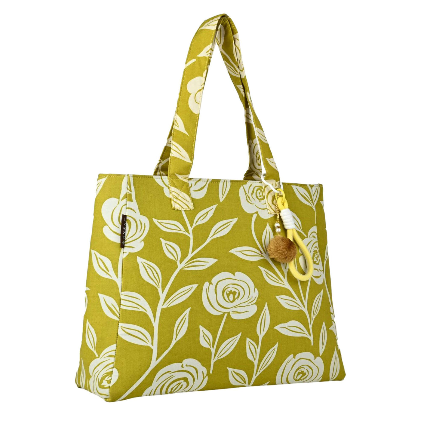 Green tote bag with white floral pattern on a white background BY ENSAC
