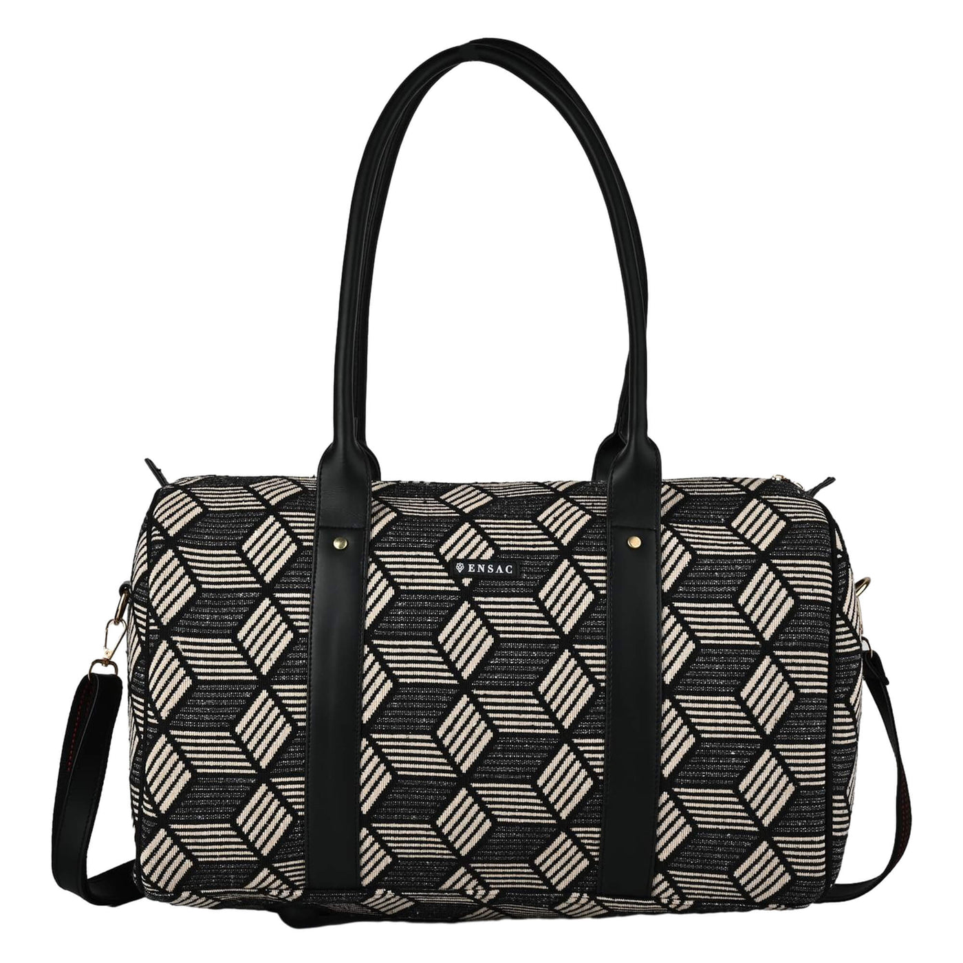 Black and white patterned duffel bag with a visible brand logo on a white background by ENSAC