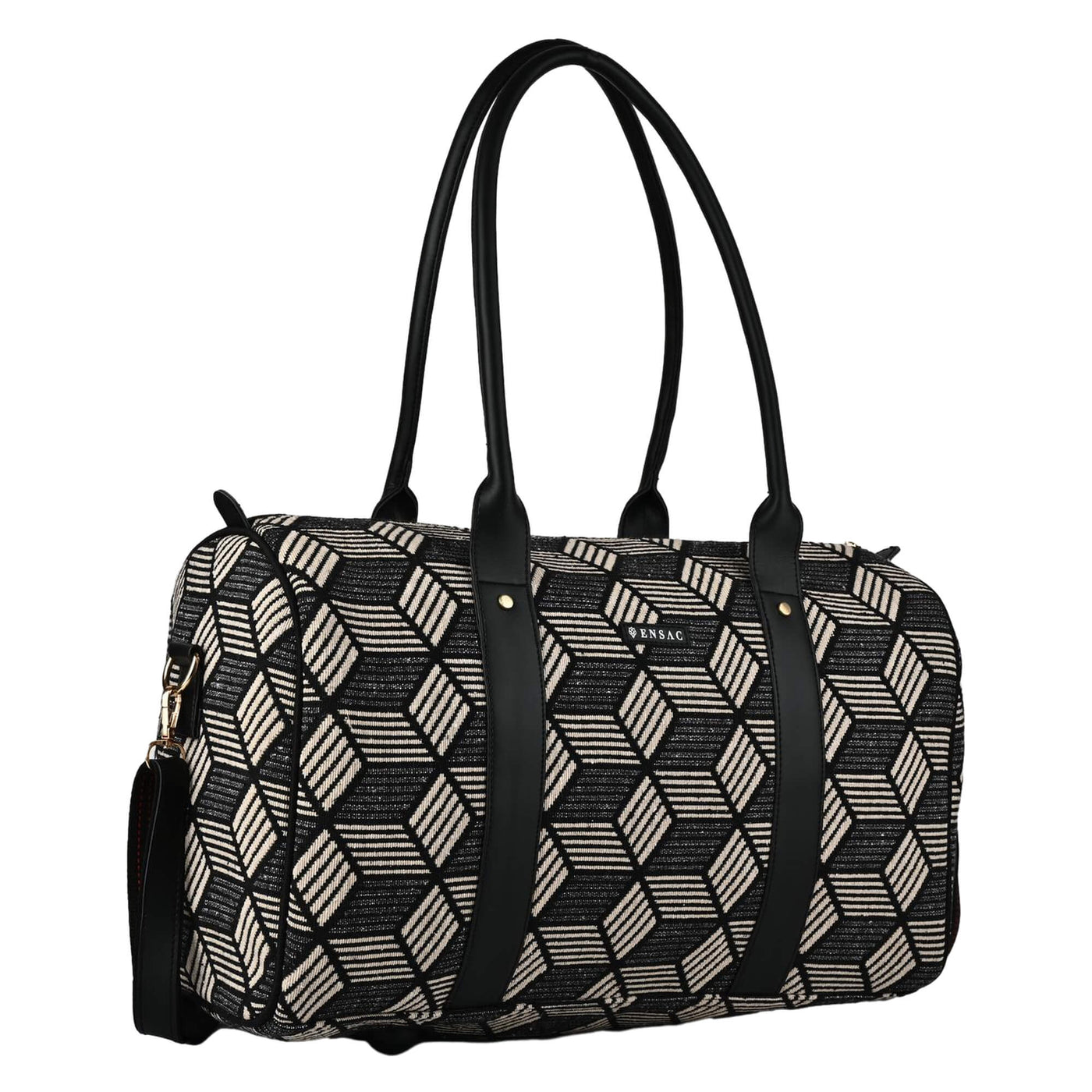 Patterned handbag with black straps on a white background BY ENSAC
