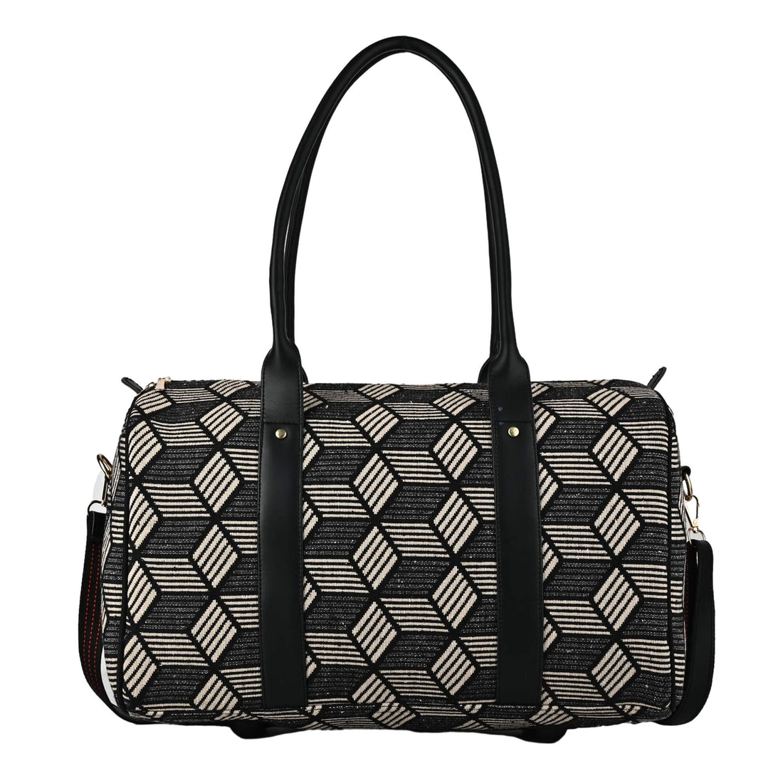 Black and white patterned handbag with black handles on a white background BY ENSAC