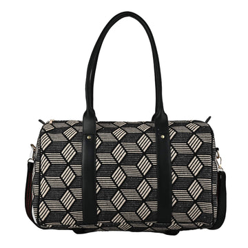 Black and white patterned handbag with black handles on a white background BY ENSAC