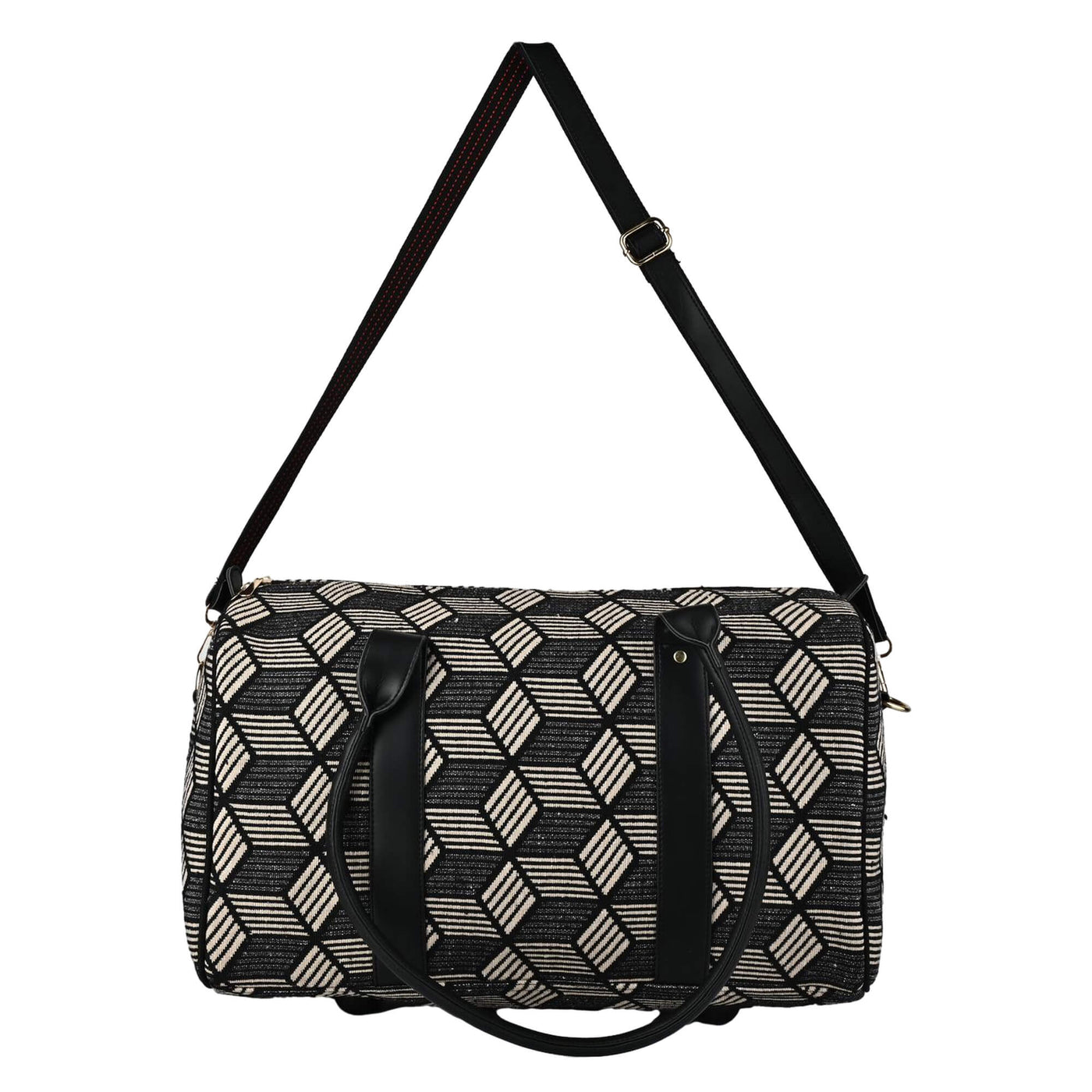 Patterned duffel bag with black strap on a white background BY ENSAC